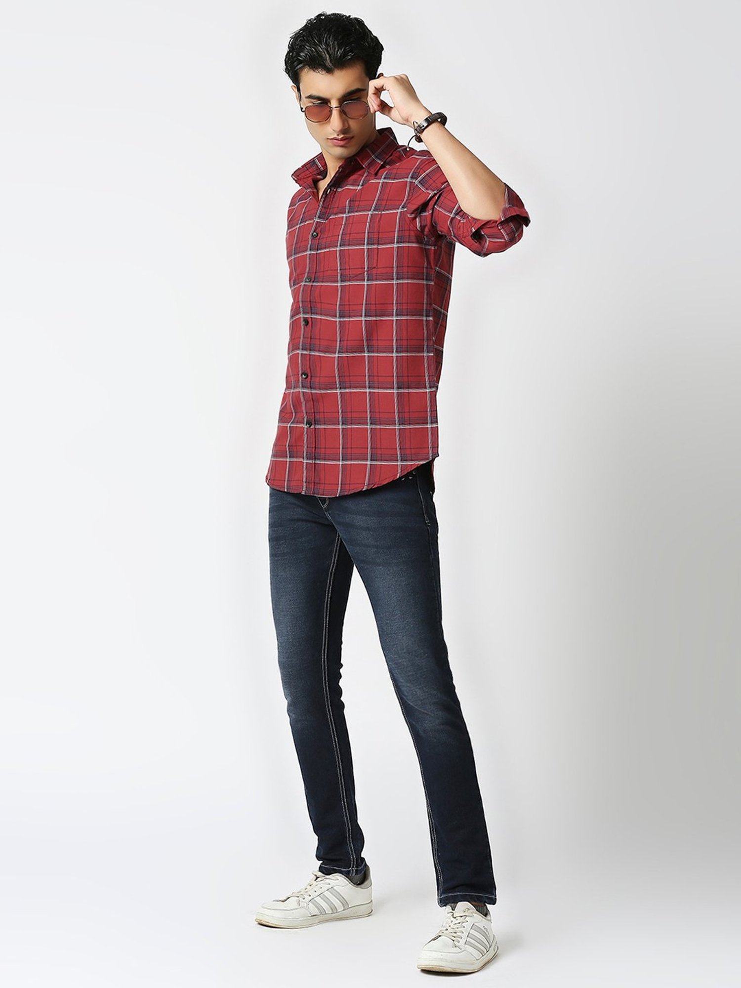 HJ HASASI Red Slim Fit Check Cotton Shirt