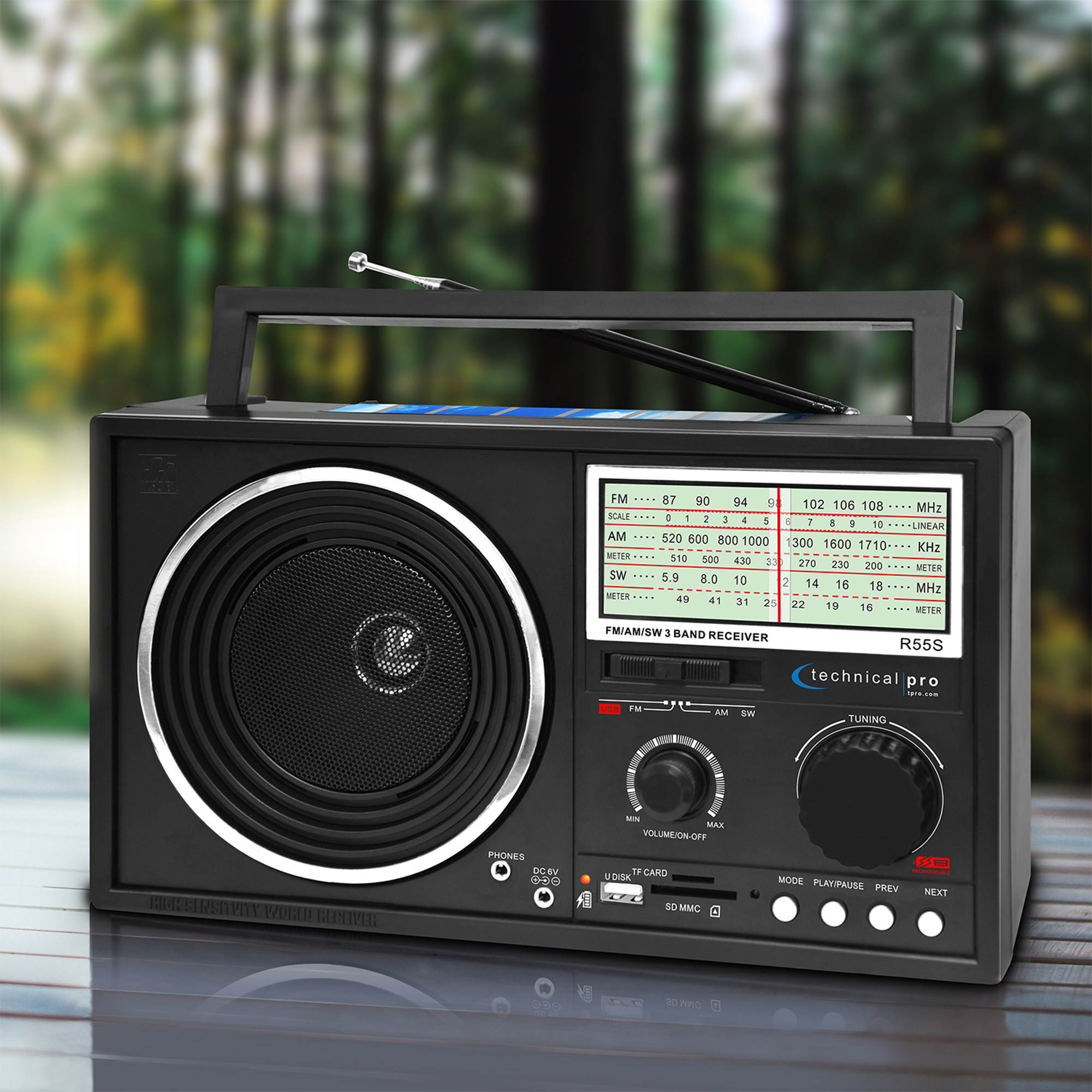 Technical Pro Portable Handheld Rechargeable Shortwave AM FM Dial Radio Speaker With USB SD Input, The Ultimate Solar Powered Radio For Anyone On The Go