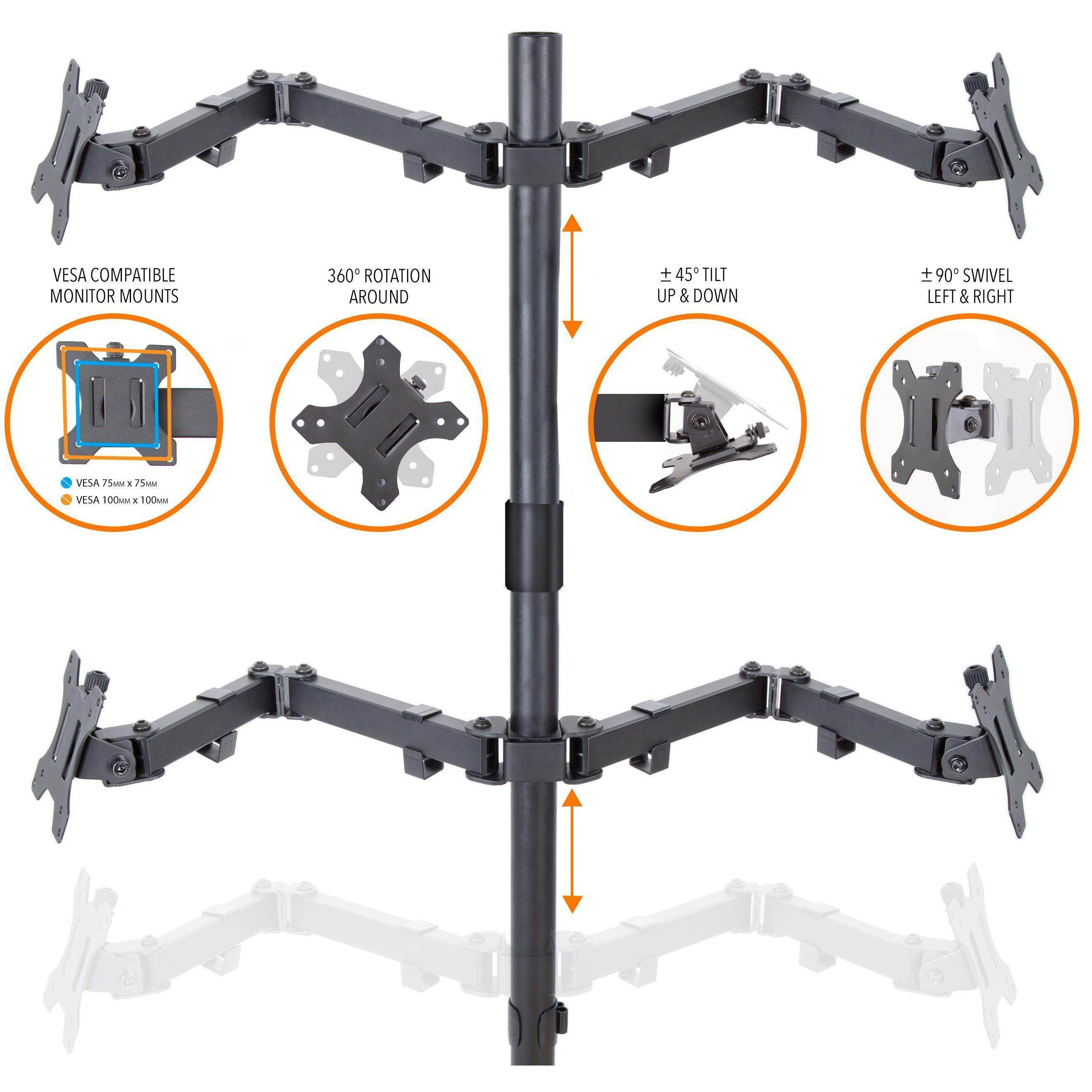 4 Monitor Mount Desk Stand | Height Adjustable Quad Monitor Stand with Full Articulation VESA Mounts | Fits Most LCD/LED Monitors 13-32 Inches (Four Monitor Clamp)