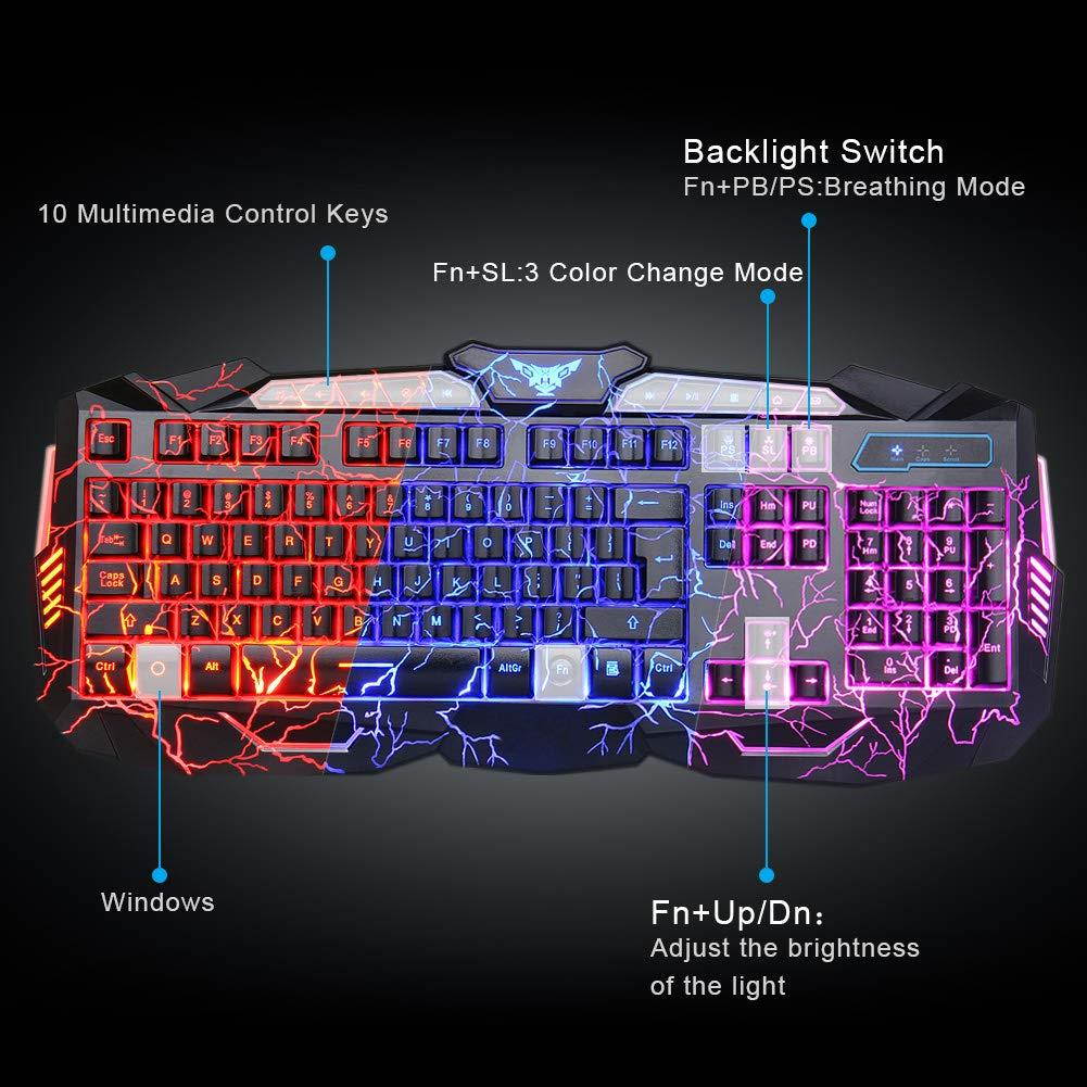 BlueFinger Mechanical Feeling Gaming Keyboard,Gaming Mouse and Mouse Pad Combo,USB Wired Keyboard,114 Keys Letters Glow,3 Color Blue/Red/Purple Backlit Crack Pattern,Keyboard Bundle for Computer Gamer