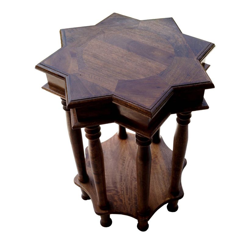 Star Shape Top Mango Wood Accent End Table with shelf and Spool Turned legs Brown - The Urban Port