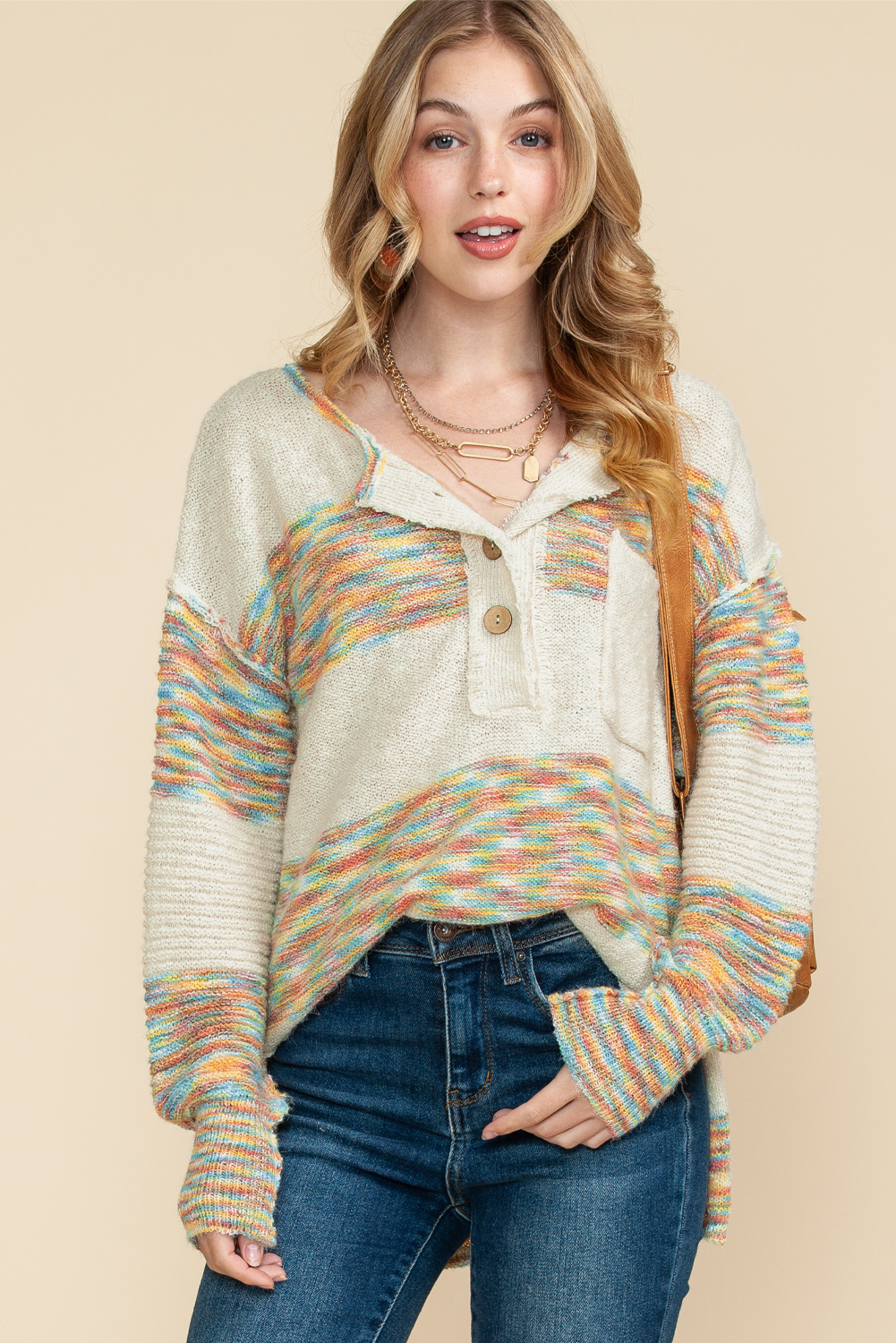 Yellow Drop Shoulder Henley Pullover Sweater With Slits