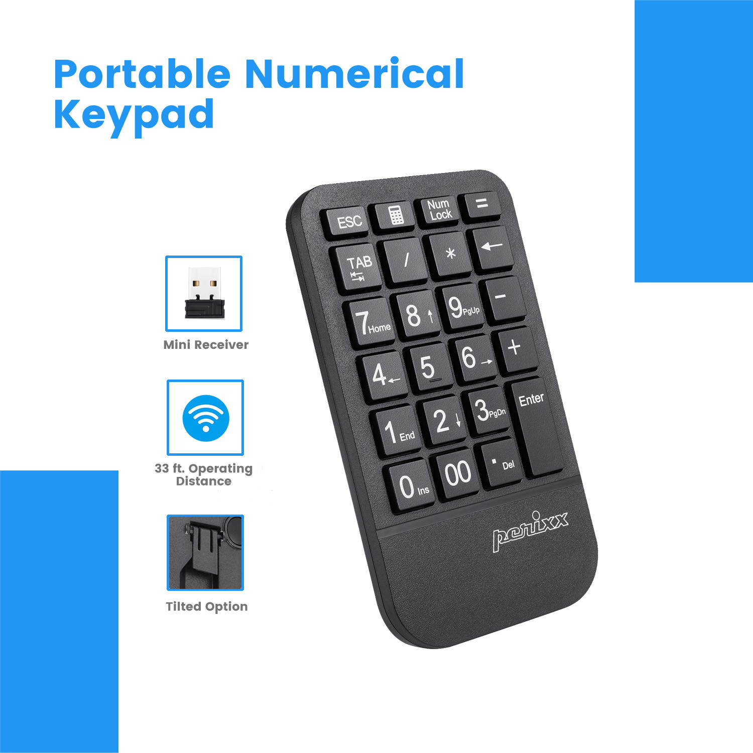 Perixx PERIPAD-705 Wireless Portable Numeric Keypad, for Laptop and Desktop Computer, Big Print Letter, Tab & ESC Key Included