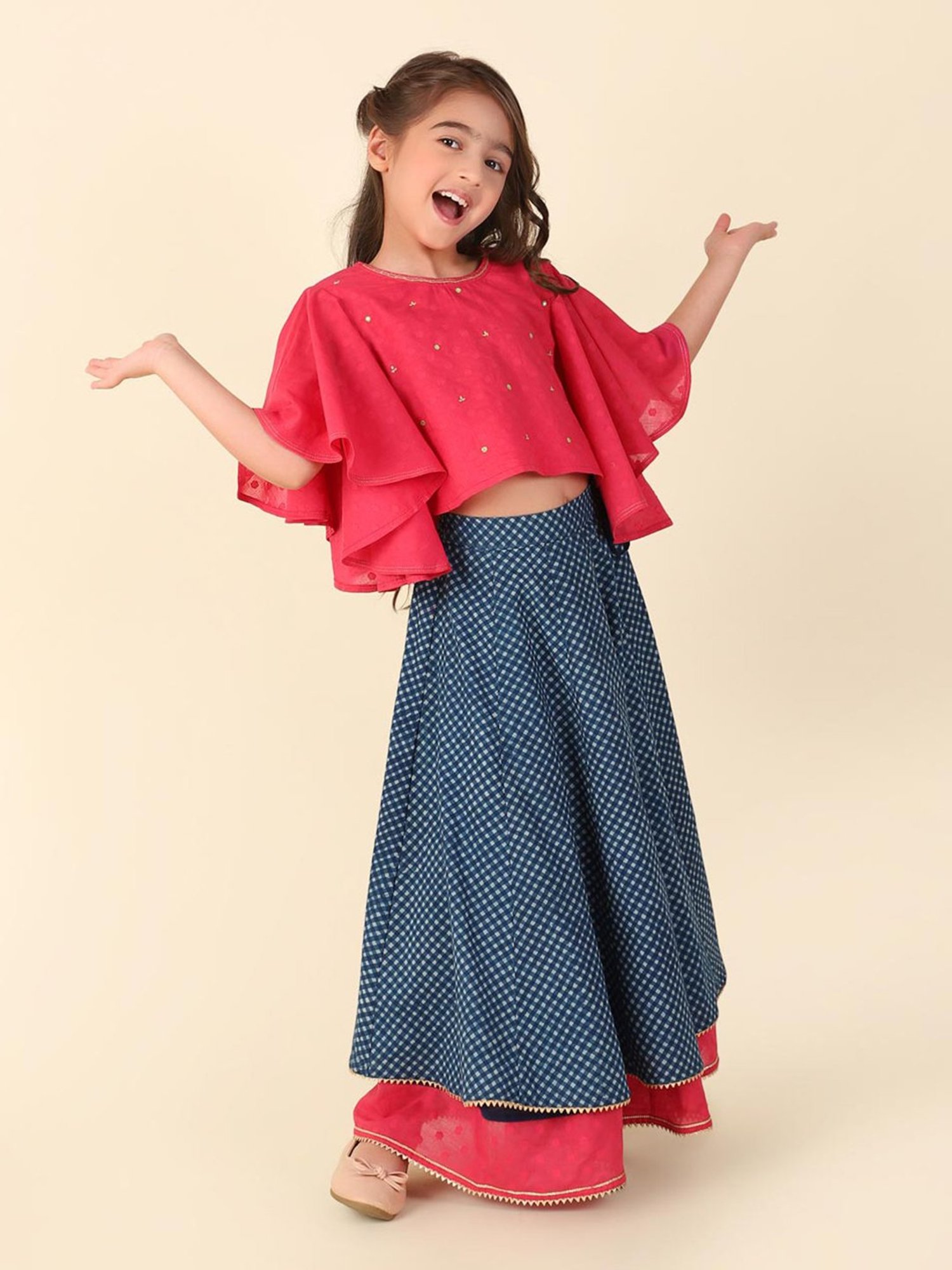 Fabindia Kids Pink & Blue Printed Lehenga With Choli