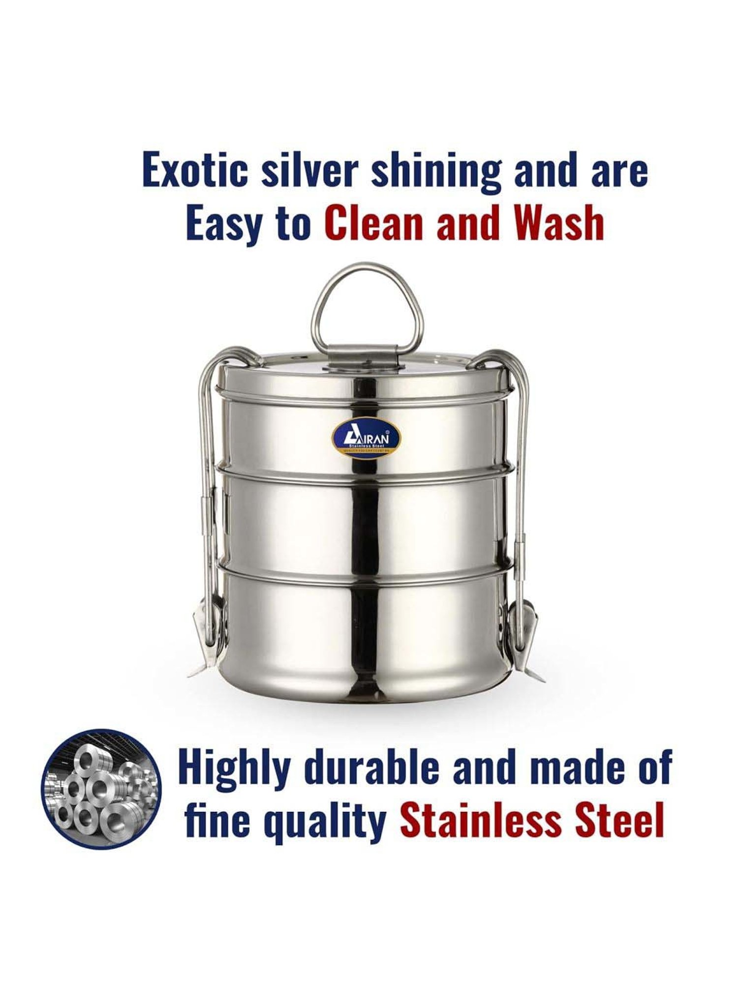 Airan Silver Stainless Steel Travelling Lunch Box Set For Office & School