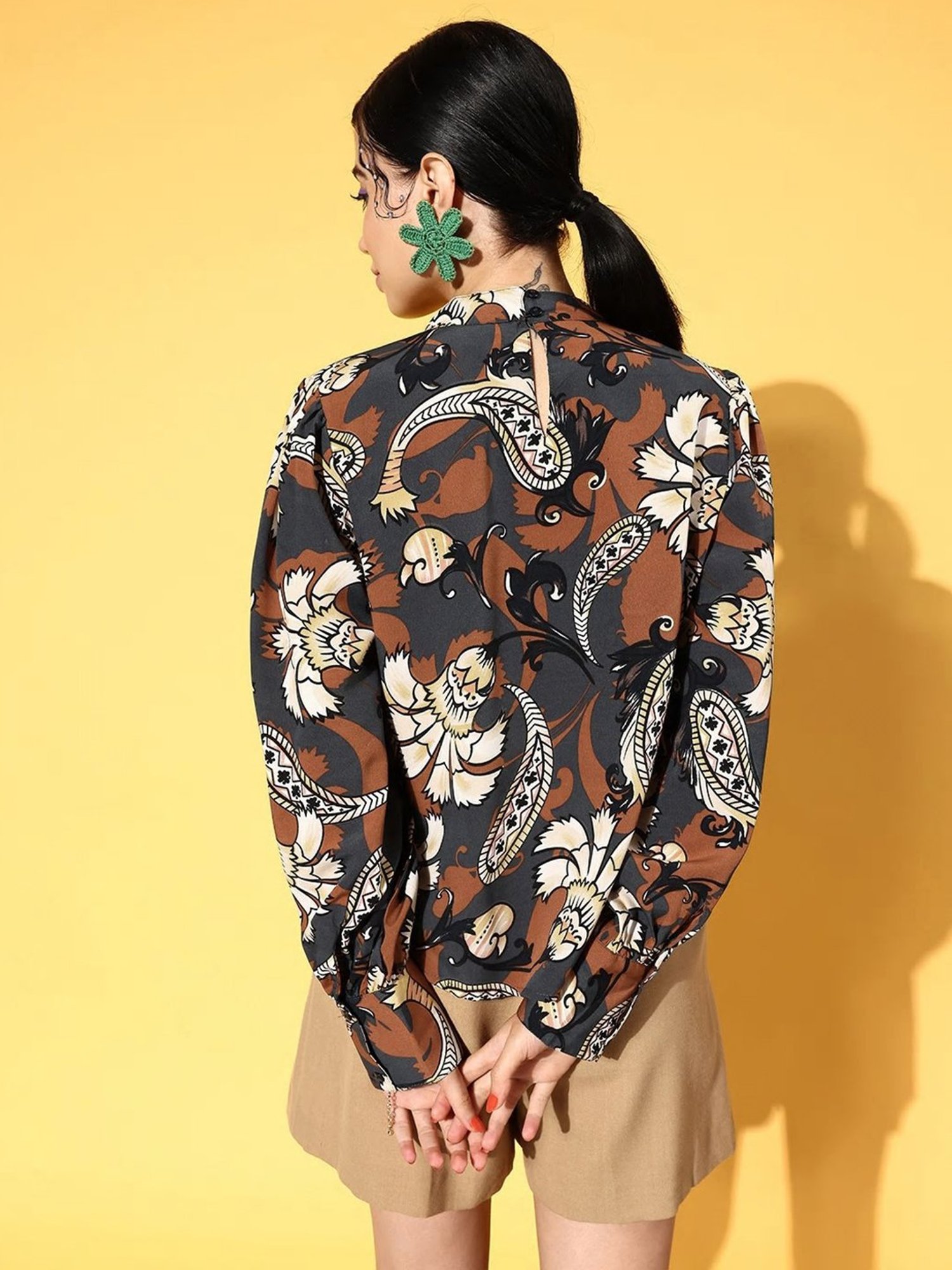 Melon by PlusS Dark Grey Printed Mandarin Collar Top