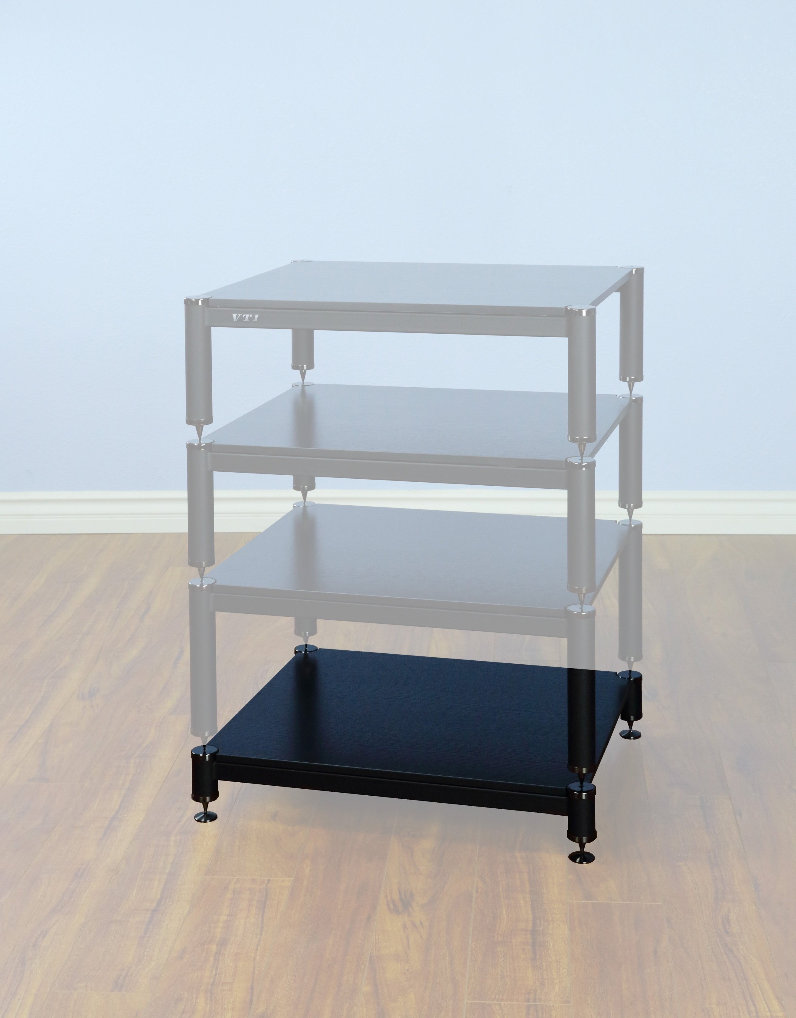 VTI Manufacturing BL404BO-01 4 Black Capspike Black Poles 1 Oak Shelf 3 in. High Amp Stand