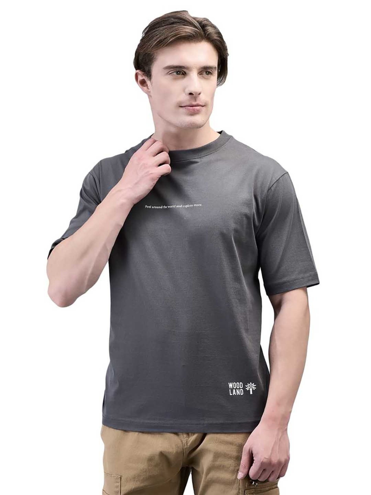 Woodland Charcoal Regular Fit Printed Crew T-Shirt
