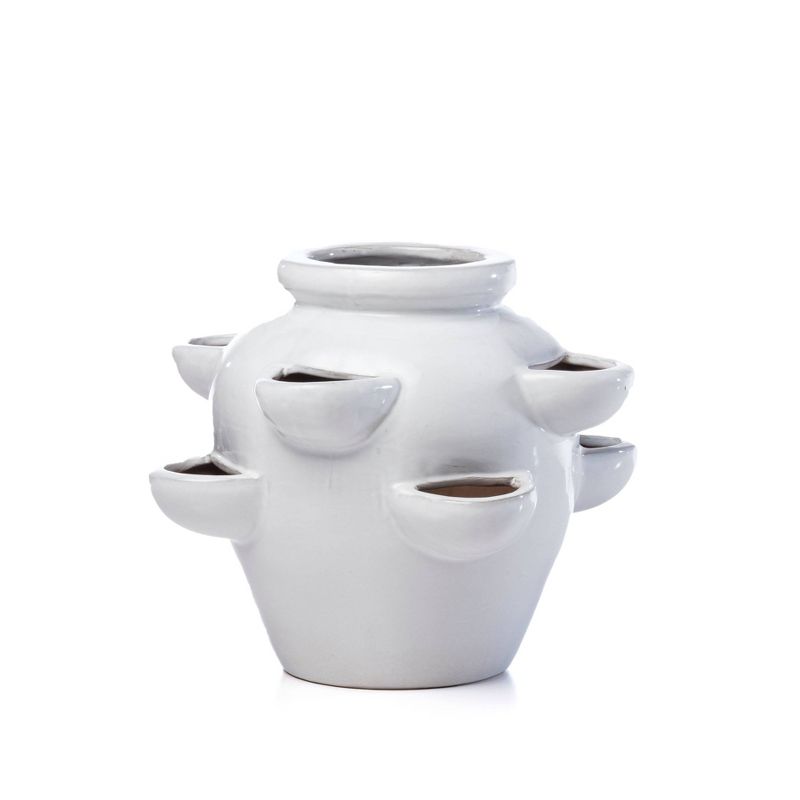 Eight Pocket Glazed Ceramic Strawberry Jar Planter White - Alfresco Home LLC