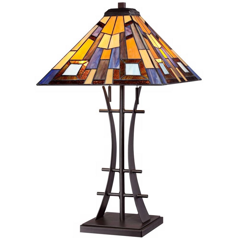 Robert Louis Tiffany Mission Table Lamp Iron Bronze Geometric Stained Glass Art Shade for Living Room Family Bedroom Bedside