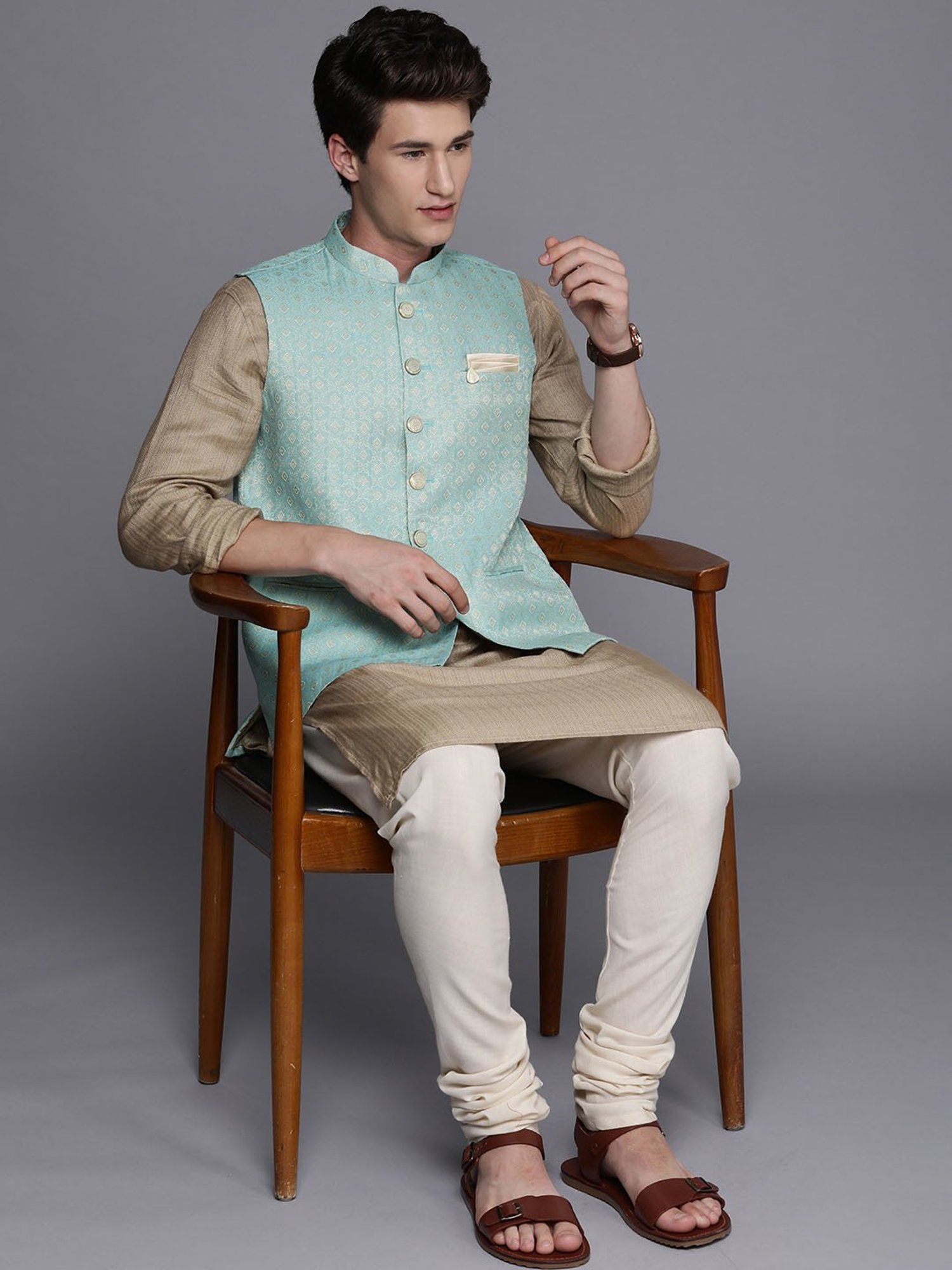 Manyavar Turquoise Regular Fit Self Design Nehru Jacket