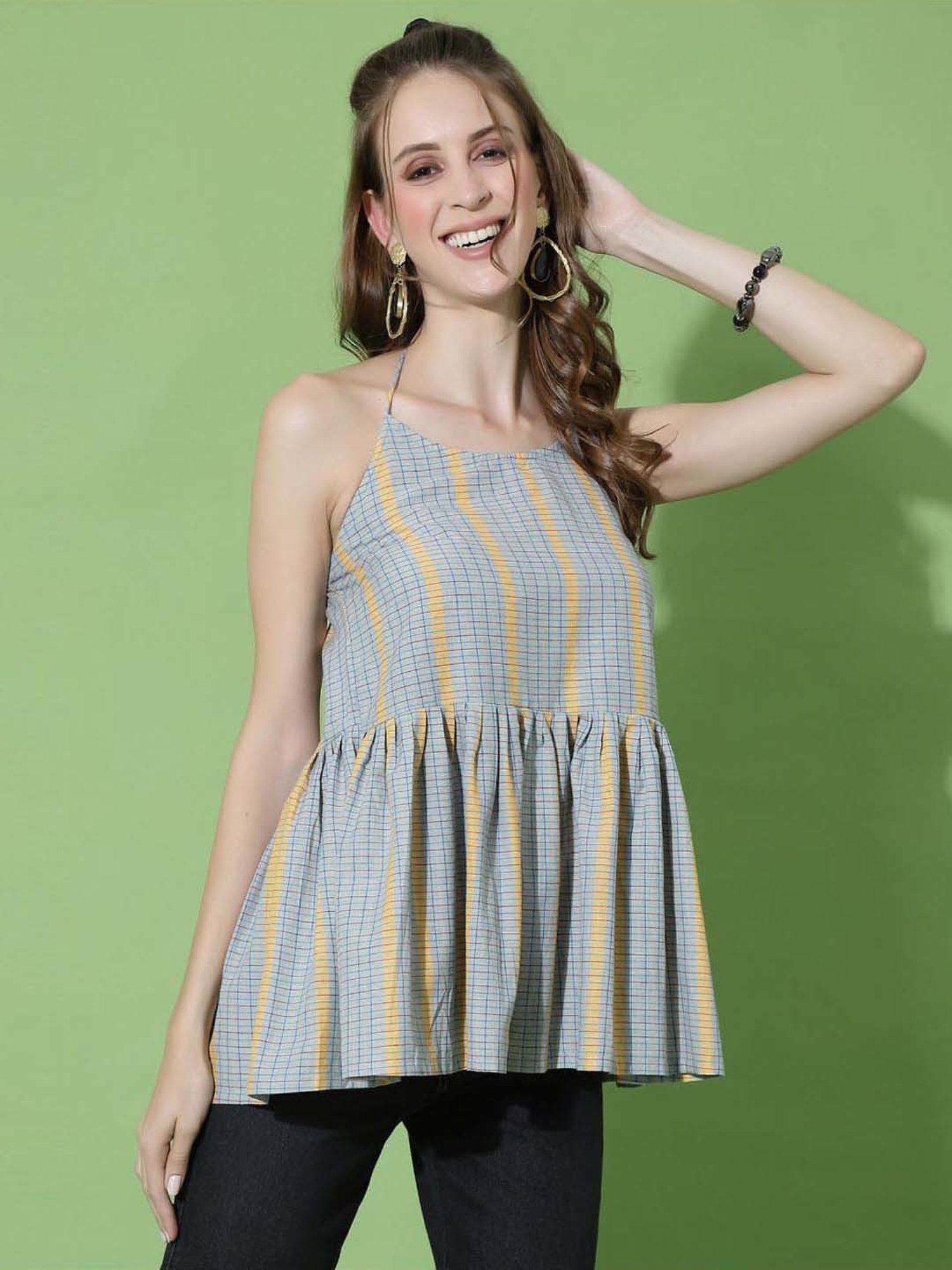 SELVIA Grey Cotton Printed Top