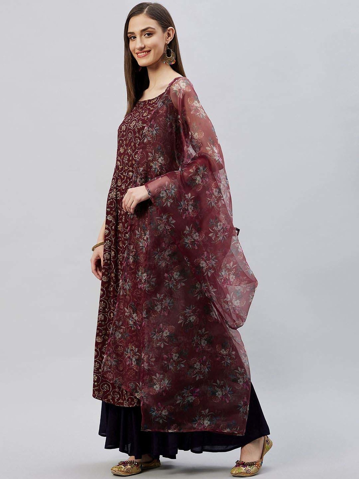 Inweave Wine Floral Print Dupatta