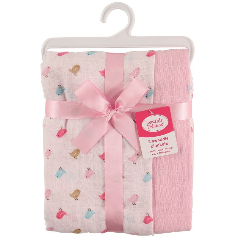 Luvable Friends Baby Girl Muslin Cotton Swaddle Blanket, Birdies, One Size
