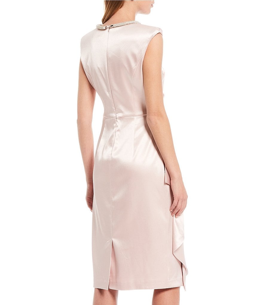 Eliza J Beaded Neck Satin Draped Midi Sheath Dress
