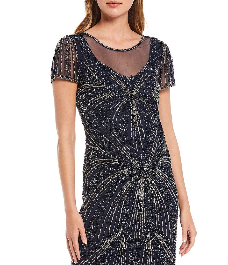 Pisarro Nights Illusion V-Neck Short Sleeve Yoke Beaded Gown