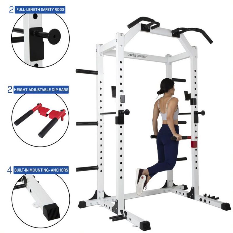 Body Flex Sports SMU6200 Weightlifting Deluxe Home Gym Exercise Power Rack Cage System with Dip Bar Attachments, Bar Catches, and Safety Rods, White