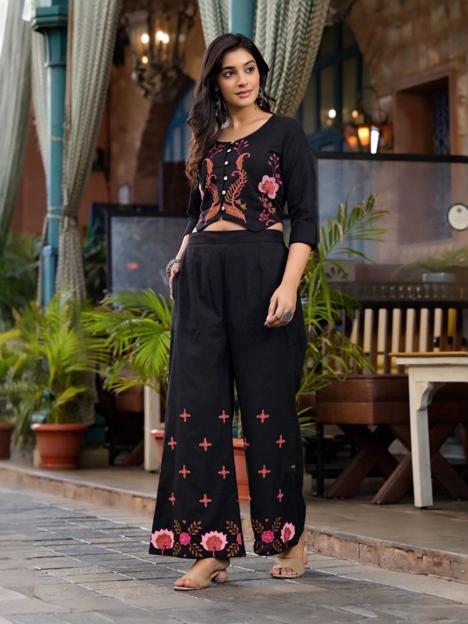 Juniper Black Cotton Embroidered Top Palazzo