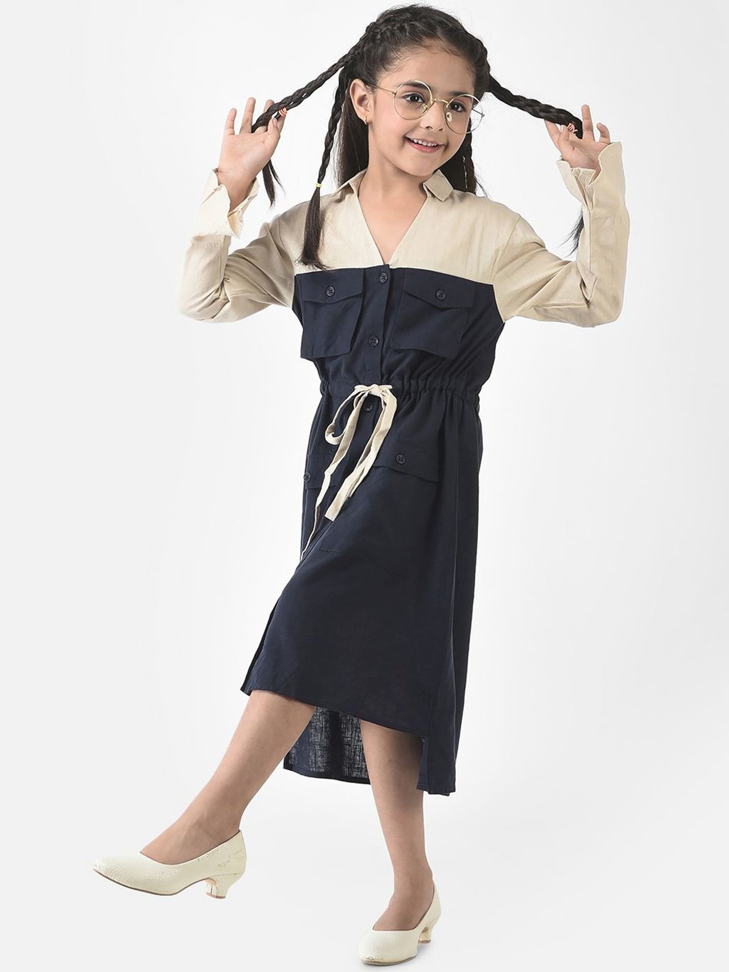 Crimsoune Club Kids Navy & Cream Color Block Full Sleeves Dress
