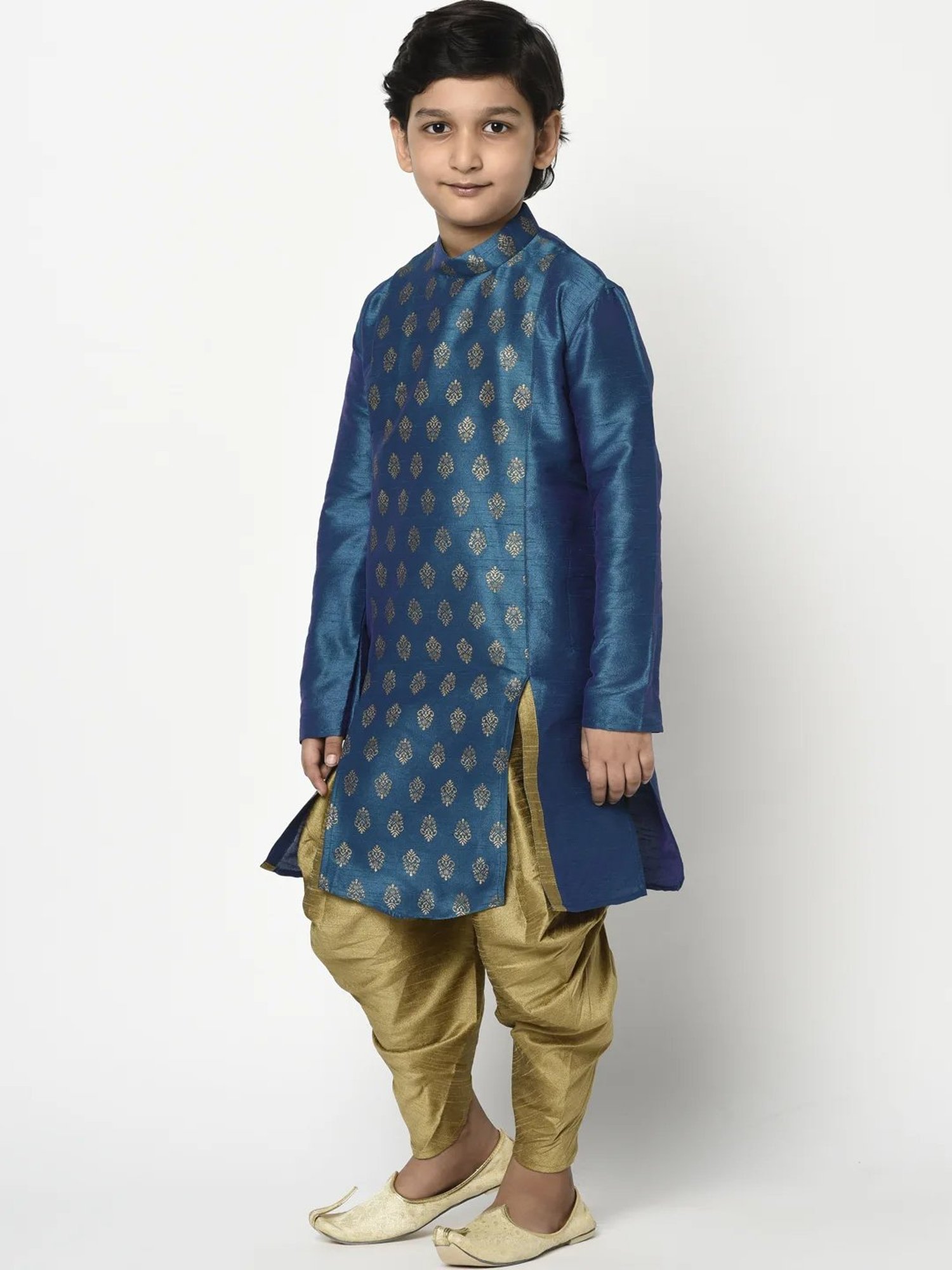 Deyann Kids Blue & Gold Self Design Full Sleeves Kurta with Dhoti