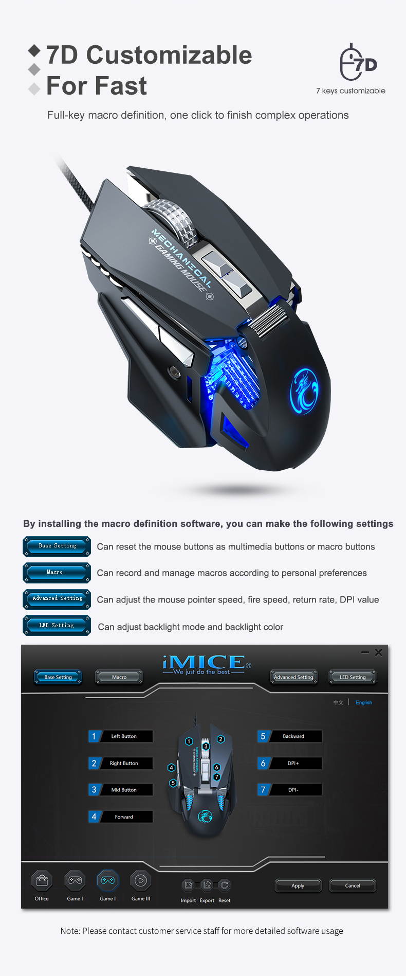 IMICE brand 2020 new 7-button 7200DPI game mouse programmable T96 mechanical mouse