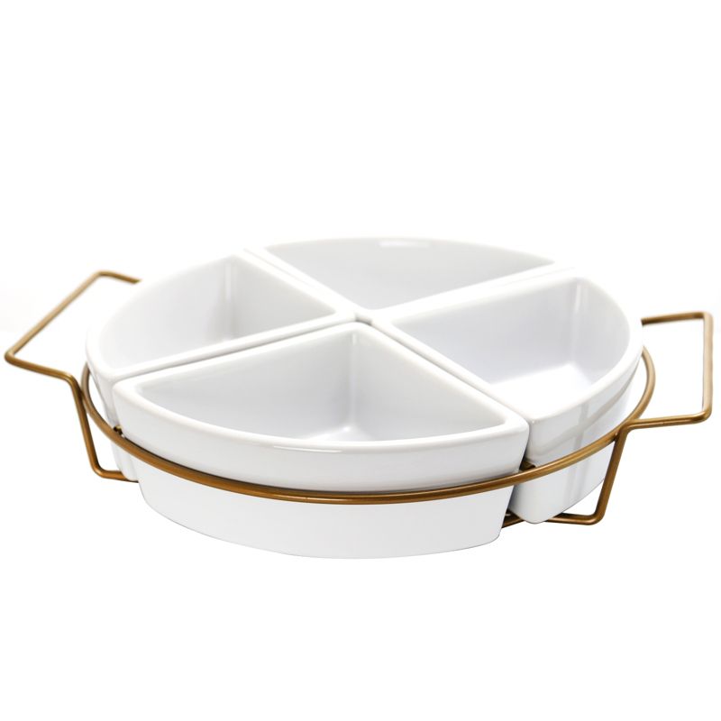 Gibson Elite Gracious Dining 4 Section Round Ceramic Tidbit Dish Set with Wire Tray