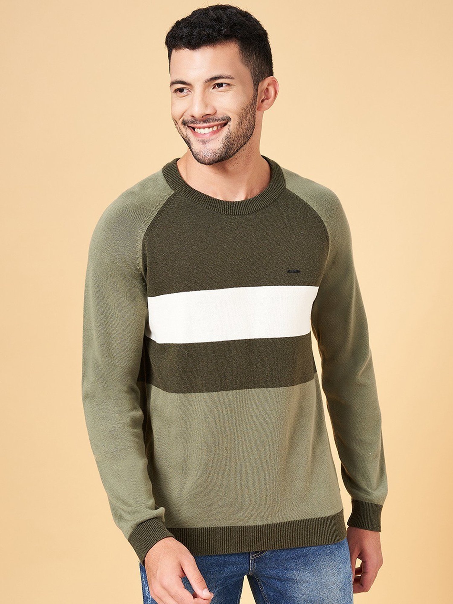 Byford by Pantaloons Olive Cotton Slim Fit Colour Block Sweater