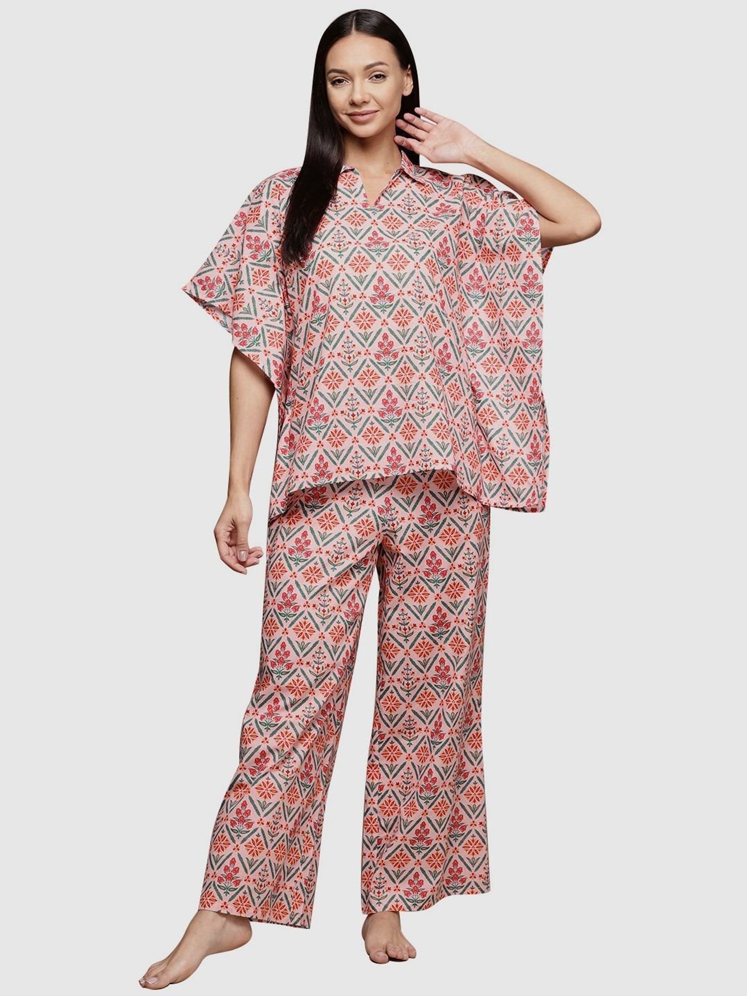 Ziyaa Peach Cotton Floral Print Kaftan Pyjama Set
