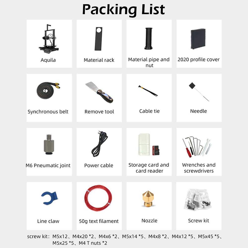 Aquila 3D Printer, DIY FDM All Metal 3D Printers Kit with Removable Carborundum Glass Platform, Resume Printing Function