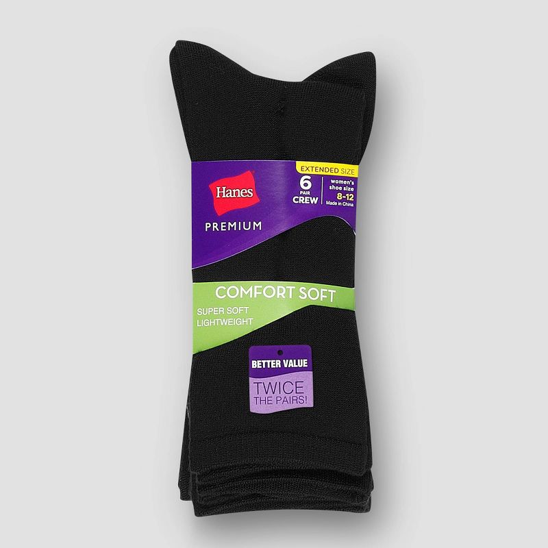 Hanes Premium 6 Pack Women's Comfort Soft Lightweight Crew Socks - Black 8-12
