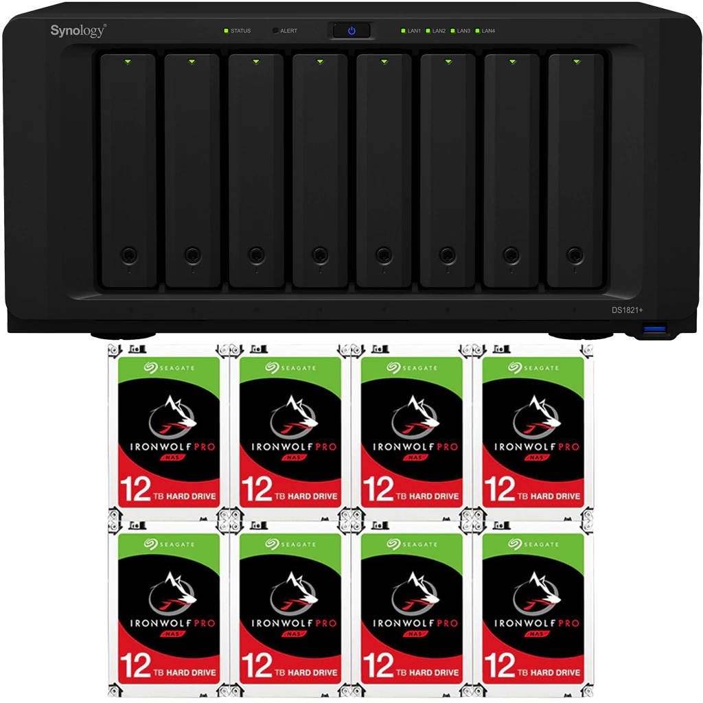 Synology DS1821+ DiskStation with 4GB RAM and 96TB (8 x 12TB) of Seagate Ironwolf PRO NAS Drives Fully Assembled and Tested By CustomTechSales