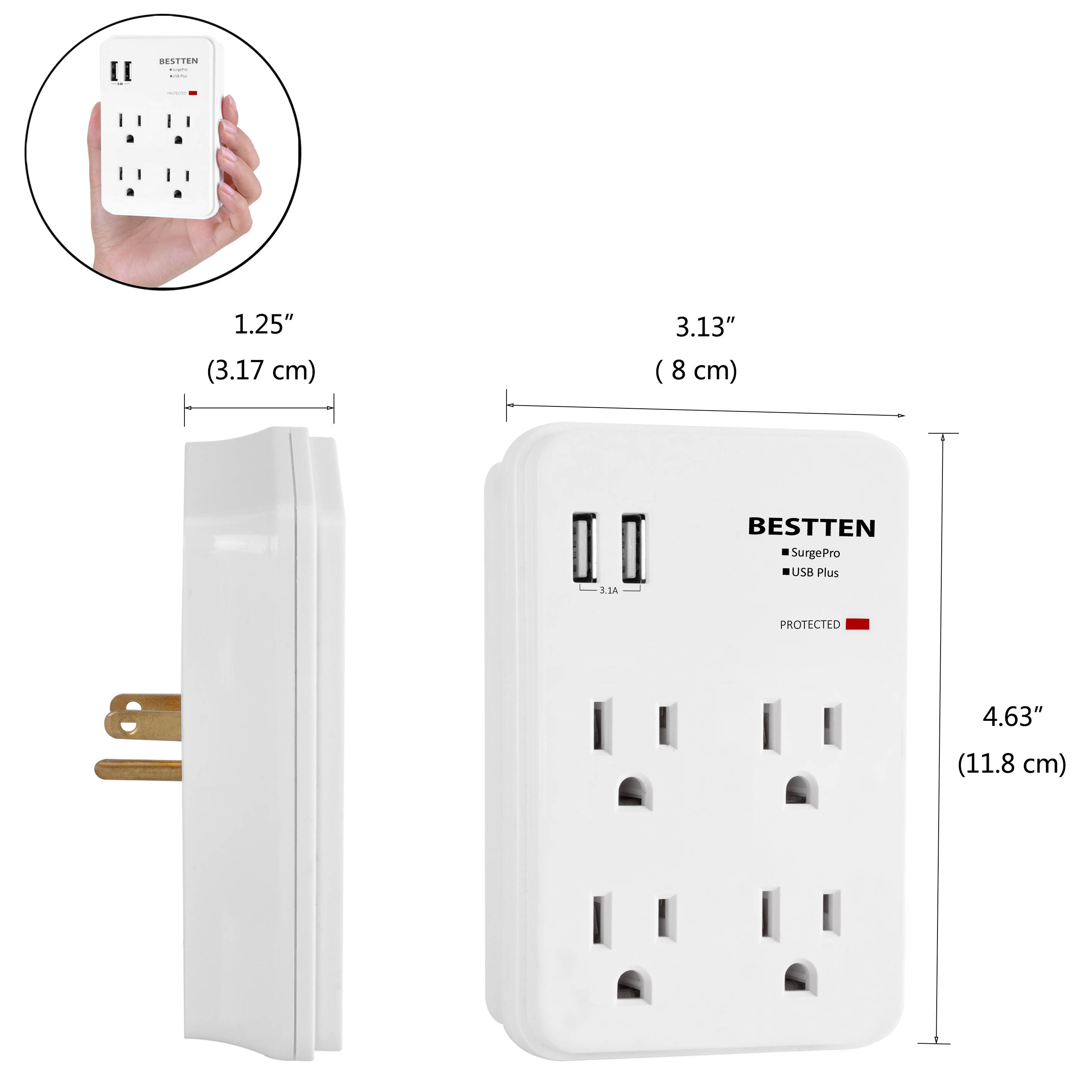 BESTTEN Slim Multi Wall Tap Outlet Adapter Surge Protector with 2 USB Charging Ports (2.4A/Port, 3.1A Total) and 4 Electrical Sockets, ETL Certified, White