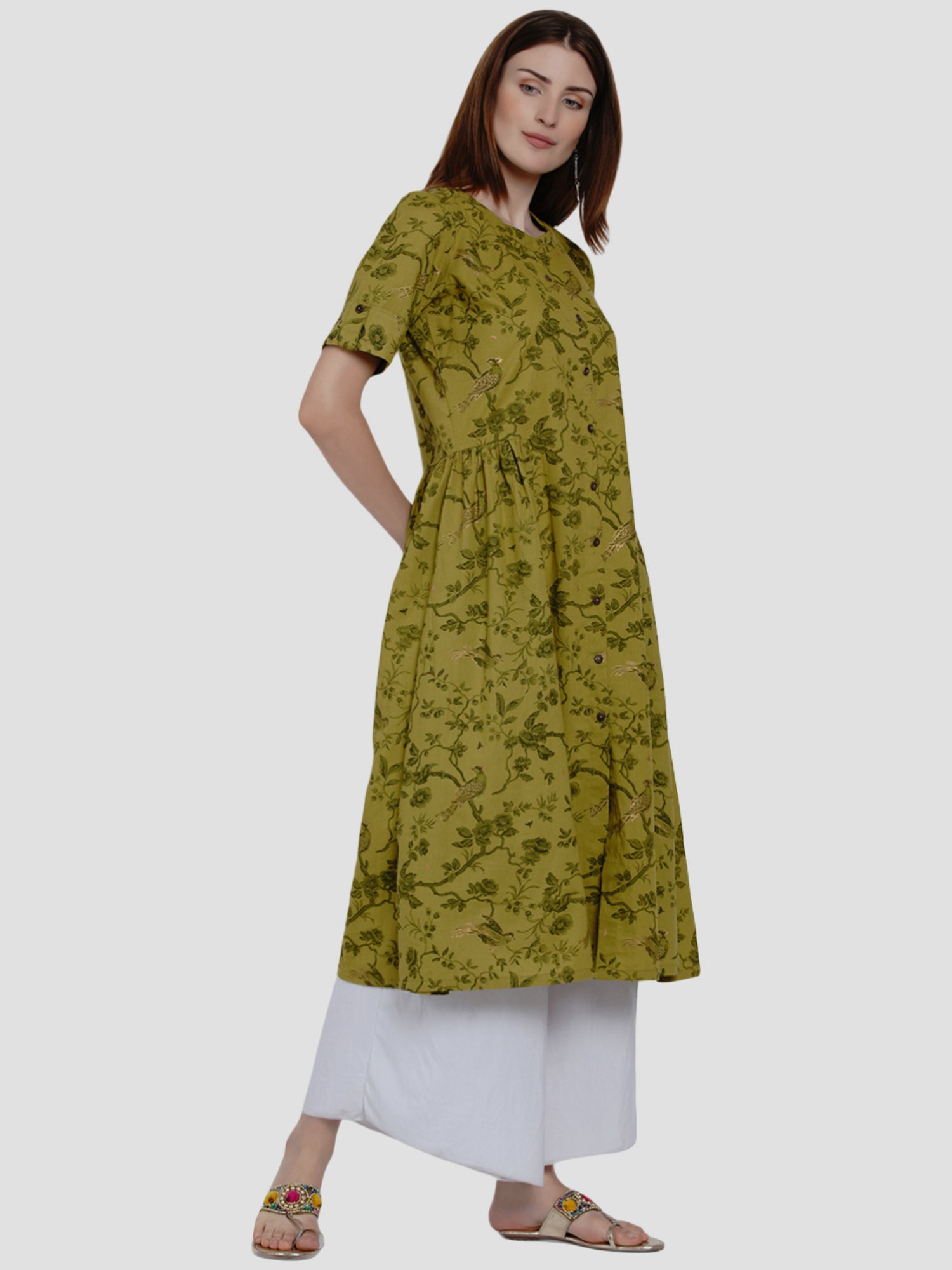 Women Republic Green Cotton Printed A Line Kurta