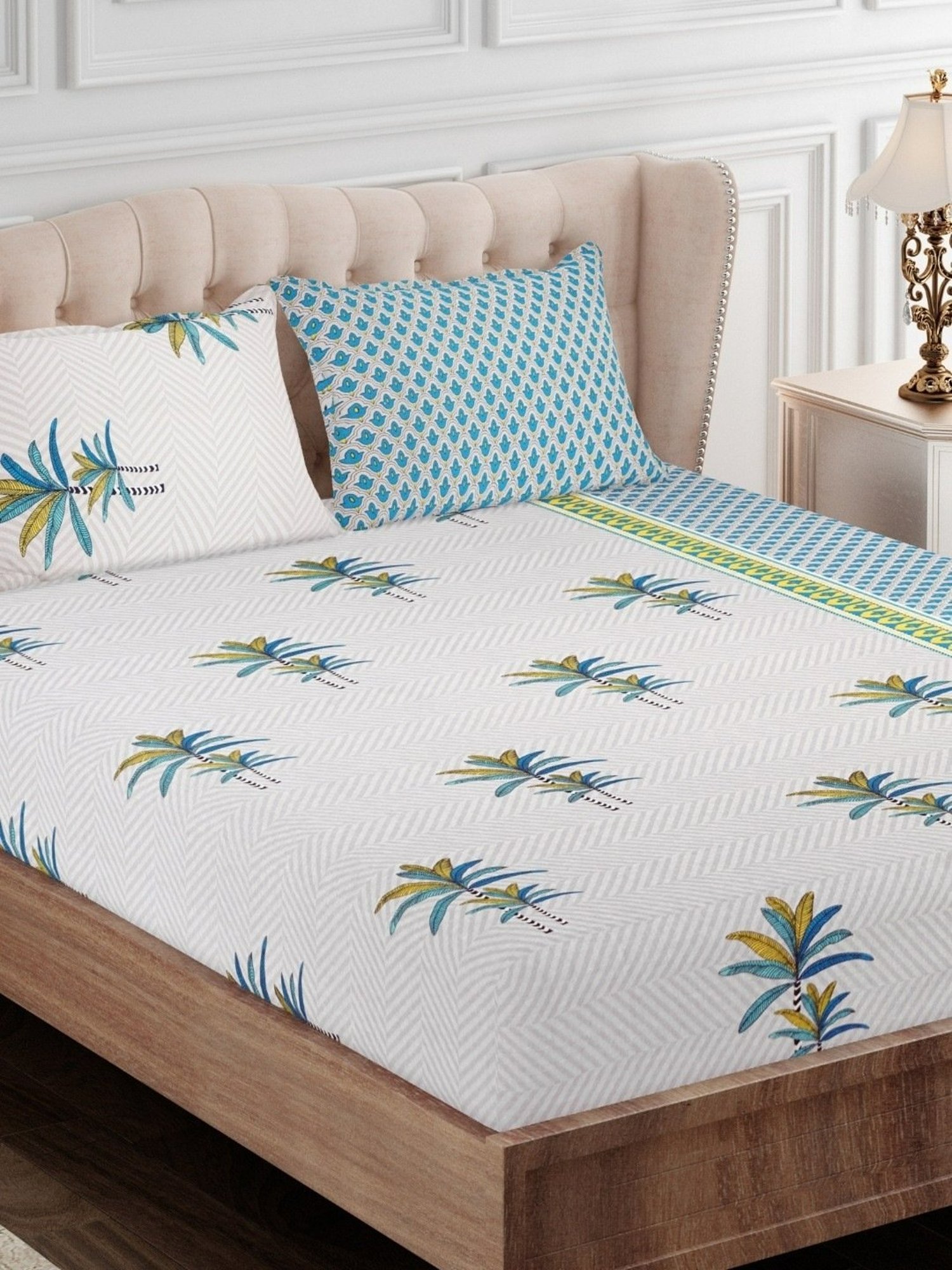 SEJ by Nisha Gupta Abstract Blue 144 TC Cotton Double Bed Sheet with 2 Pillow Covers