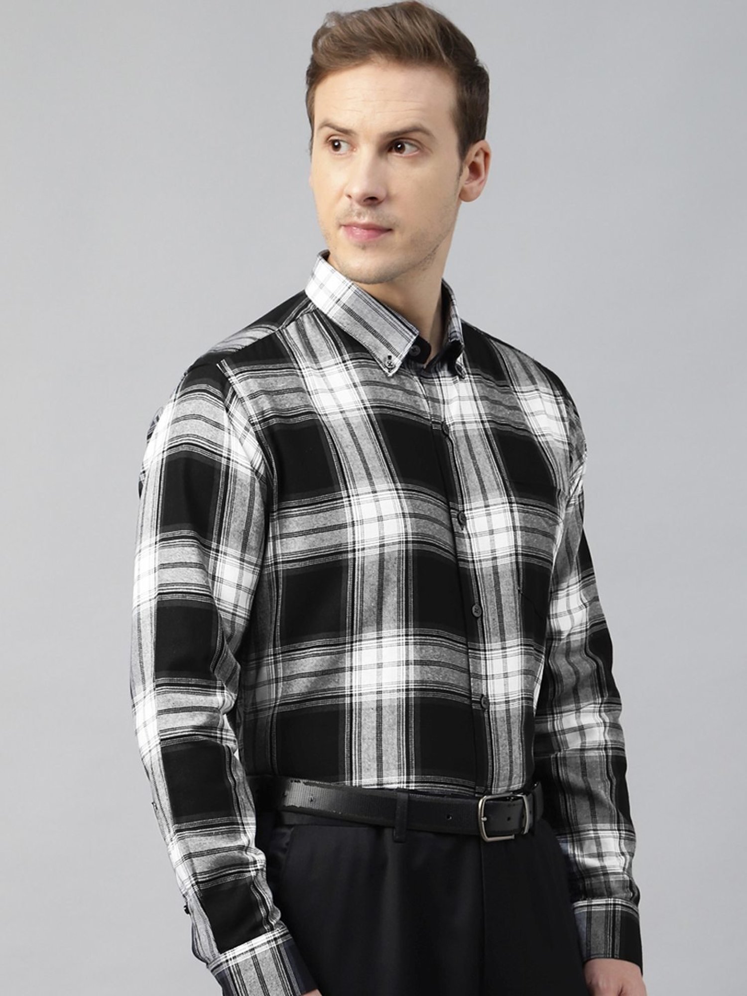Hancock Black & White Cotton Slim Fit Checks Shirt