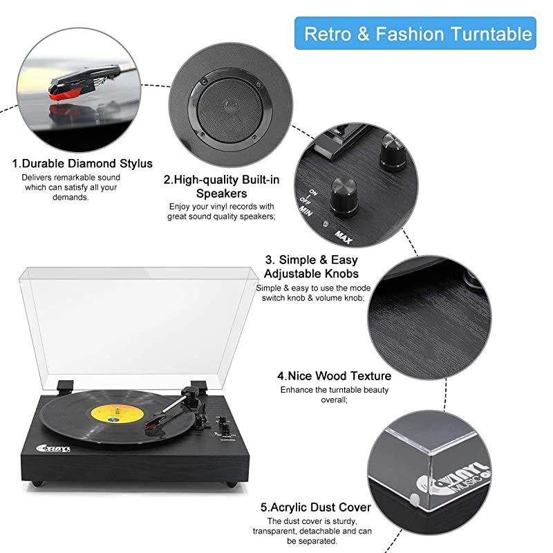 Record Player for 334578 RPM Vinyl RecordsBluetooth BeltDrive Turntable with Builtin Stereo Speakers Black Wood