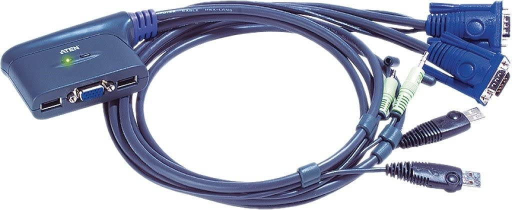 ATEN 2-Port USB 2.0 VGA Cable Built-in KVM Switch with Audio Support CS62U (Gray)