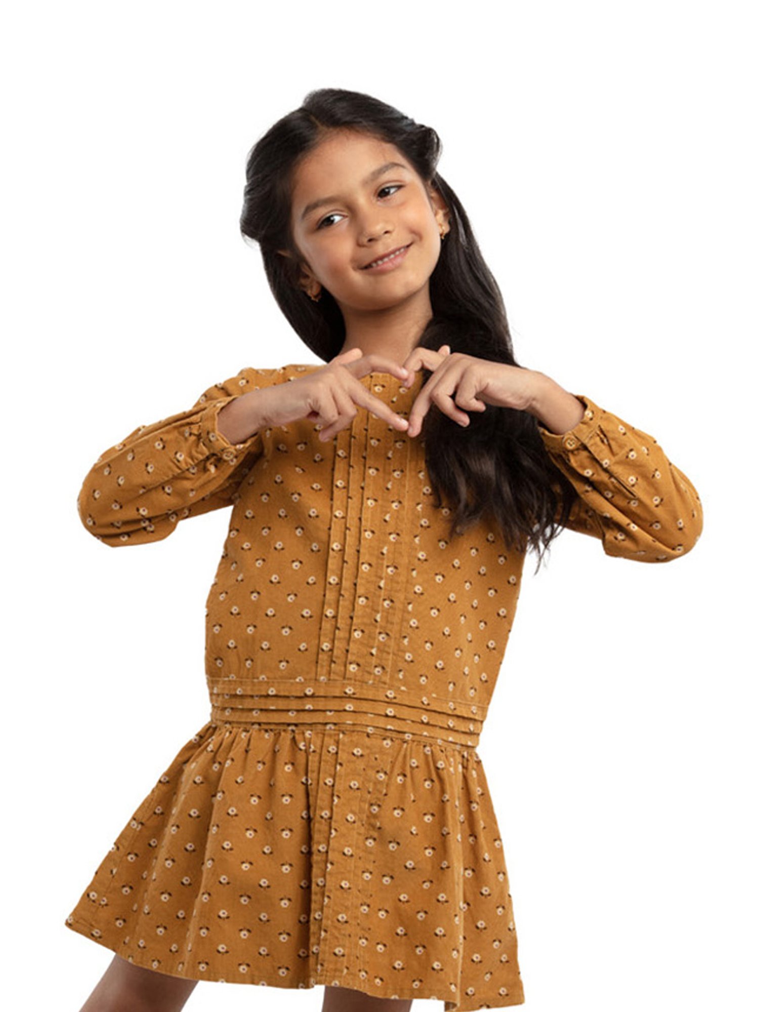 Under Fourteen Only Kids Yellow Floral Print Full Sleeves Dress