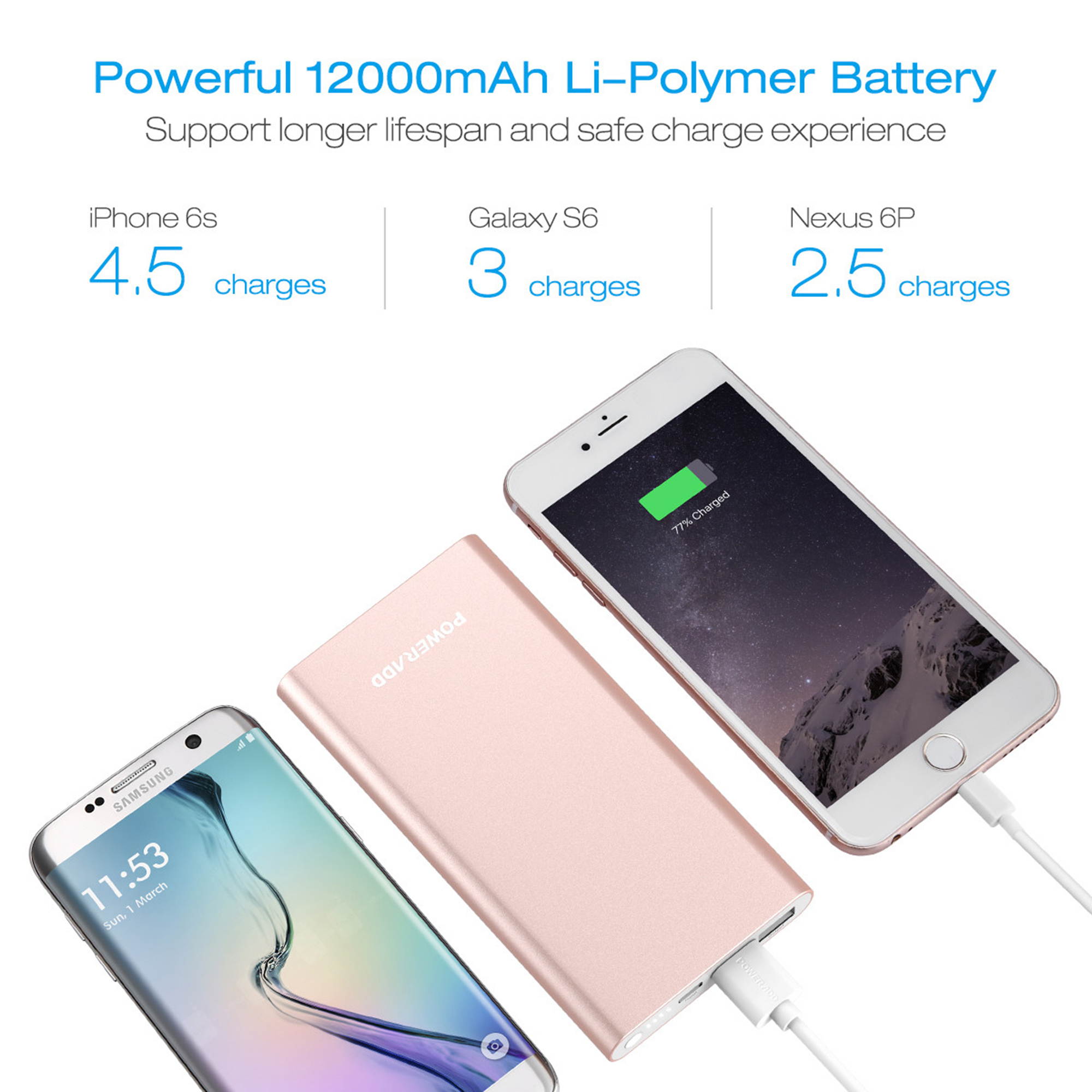 Poweradd Pilot 4GS Power Bank 12000mAh Portable Charger Dual 3A Output External Battery Pack for iPhone,iPad,Samsung Galaxy and More - Rose