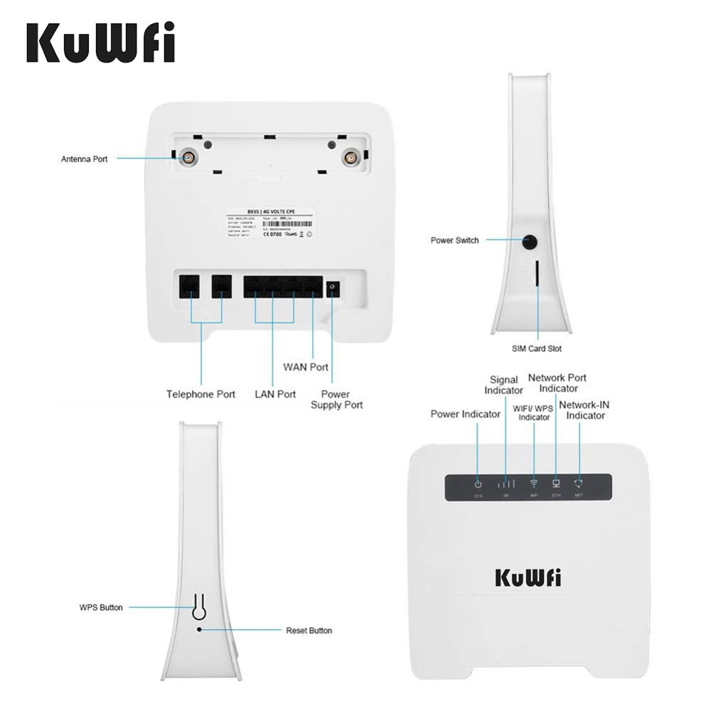 KuWFi 4G LTE WiFi Router Unlocked Wireless CPE Routers with SIM Card Slot LAN Port Support 4G to Wired Network up to 32 Users Devices Work for Caribbean/Europe/Asia/Middle East/Africa