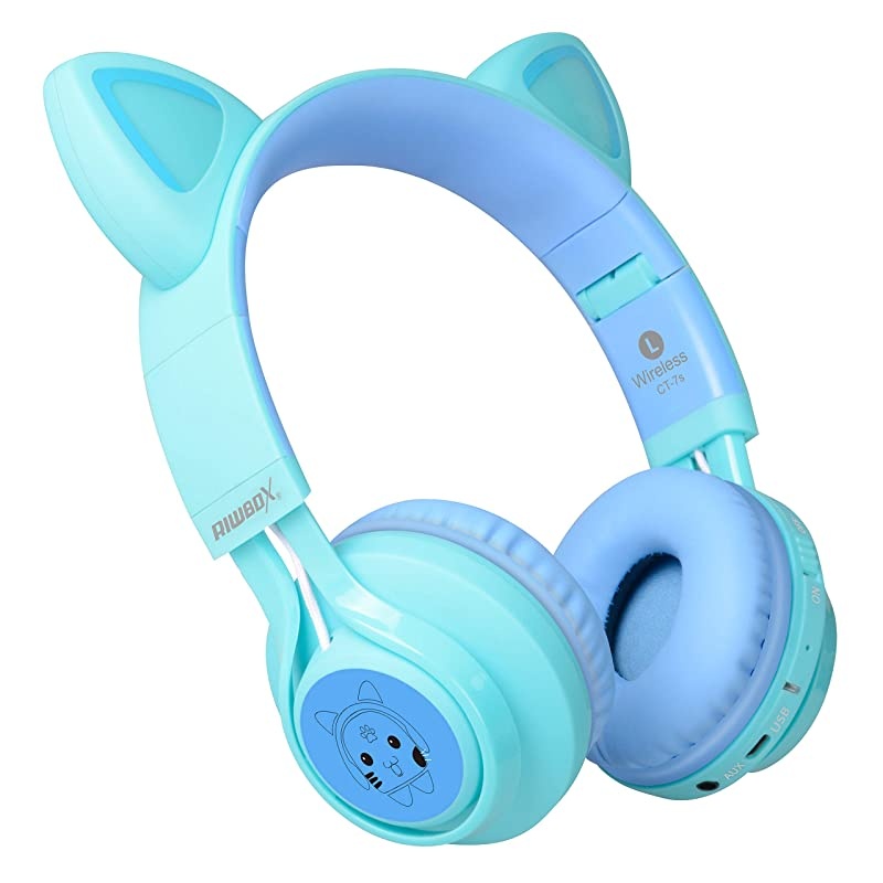 Kids Headphones,  CT-7S Cat Ear Bluetooth Headphones 85dB Volume Limiting,LED Light Up Kids Wireless Headphones Over Ear with Microphone for iPhone/iPad/Kindle/Laptop/PC/TV(Blue&Green)