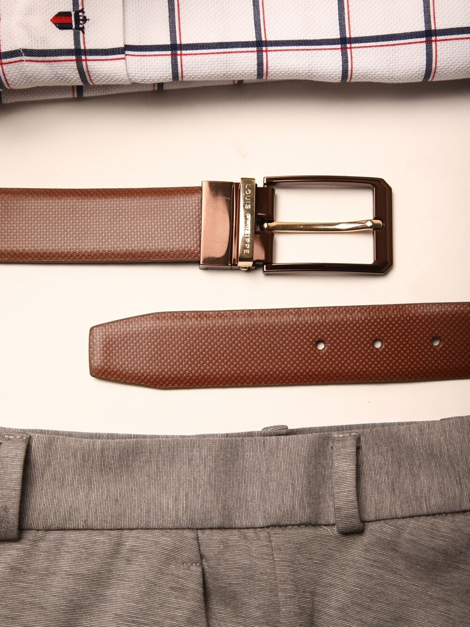 Louis Philippe Brown Leather Textured Reversible Belt