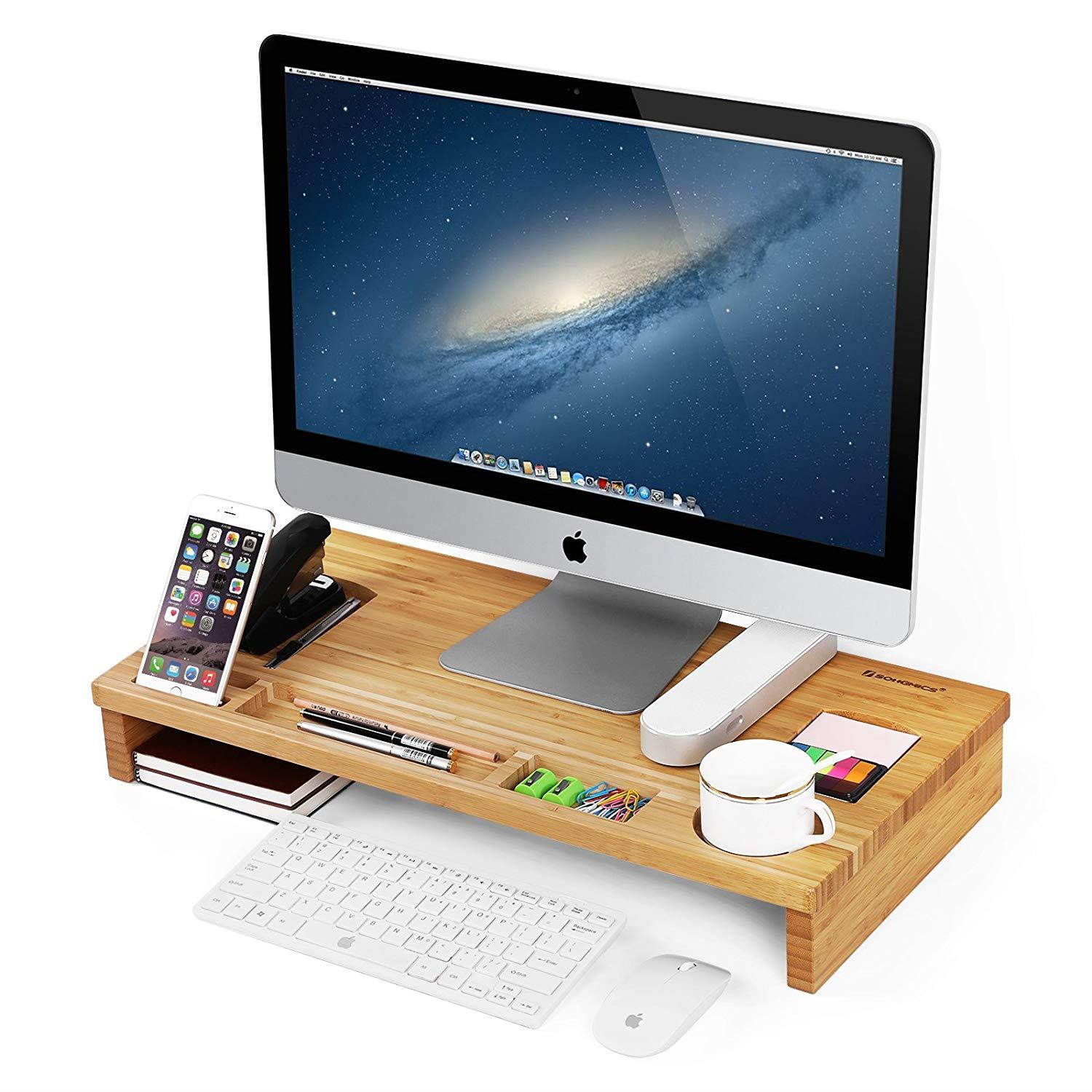 SONGMICS Bamboo Wood Monitor Riser with Storage Organizer Office Computer Desk Laptop Cellphone TV Printer Stand Desktop Container Natural ULLD201