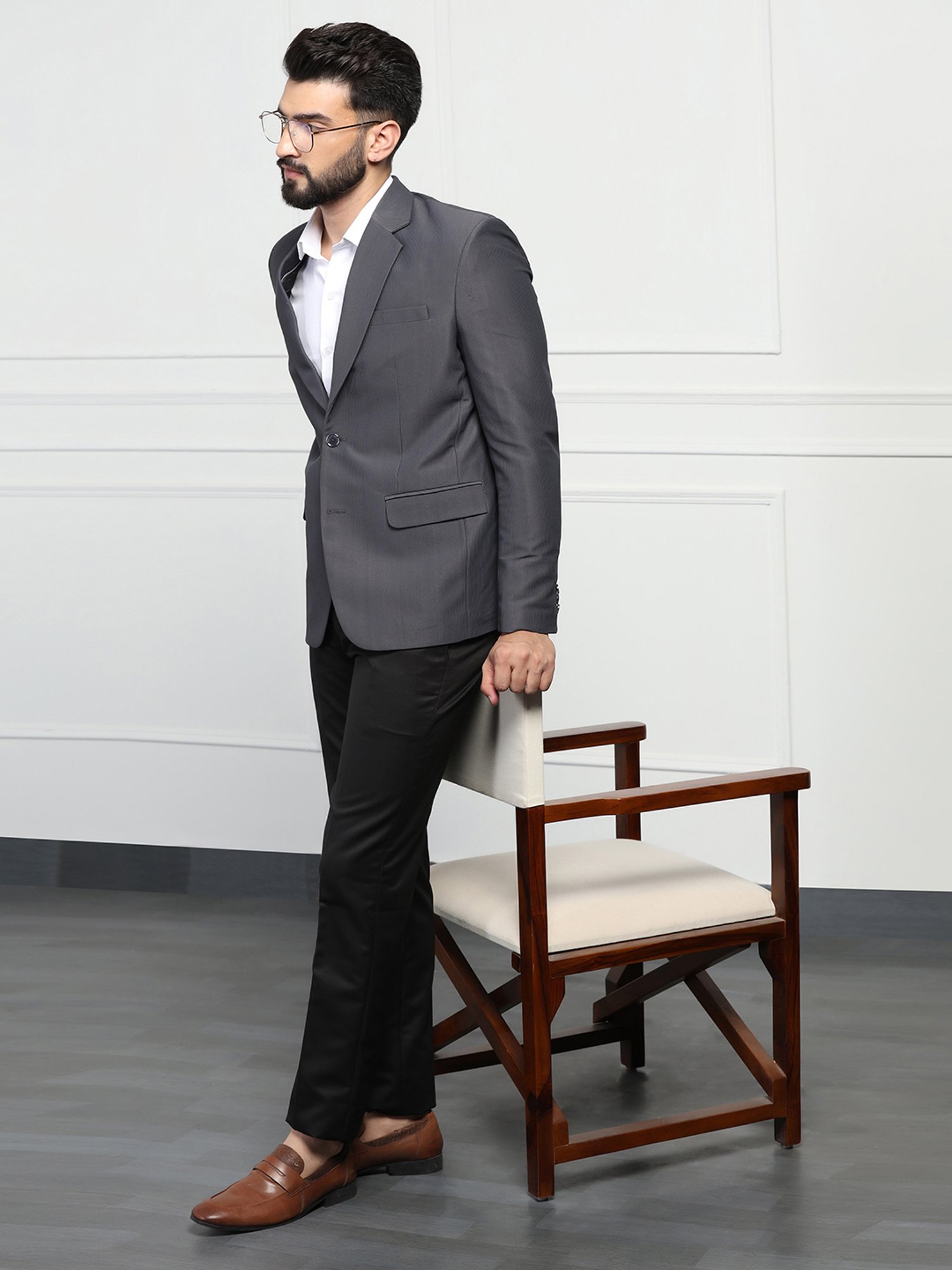 TAHVO Dark Grey Regular Fit Self Design Corduroy Blazer