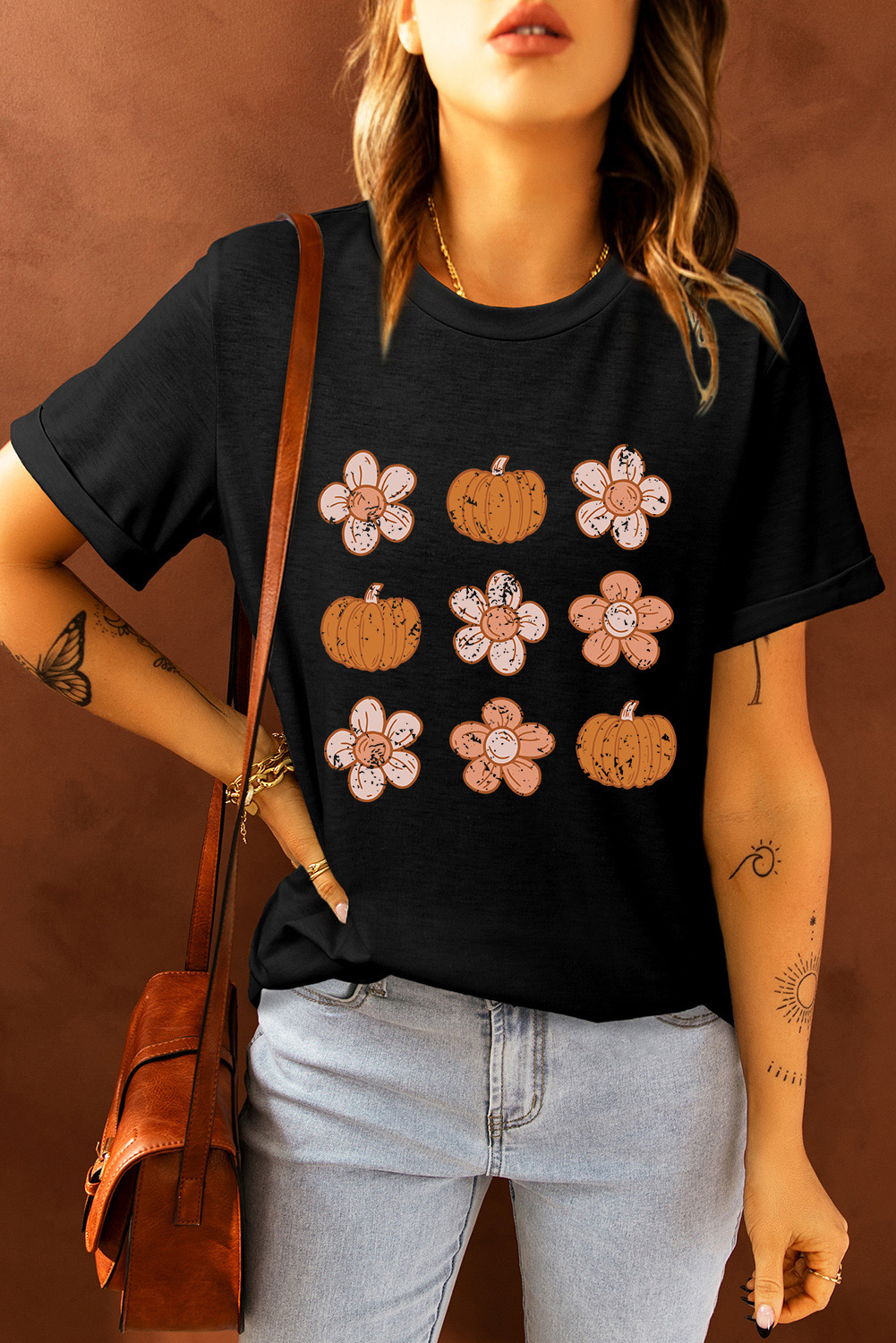 Black Pumpkin Flower Print Short Sleeve Graphic T Shirt