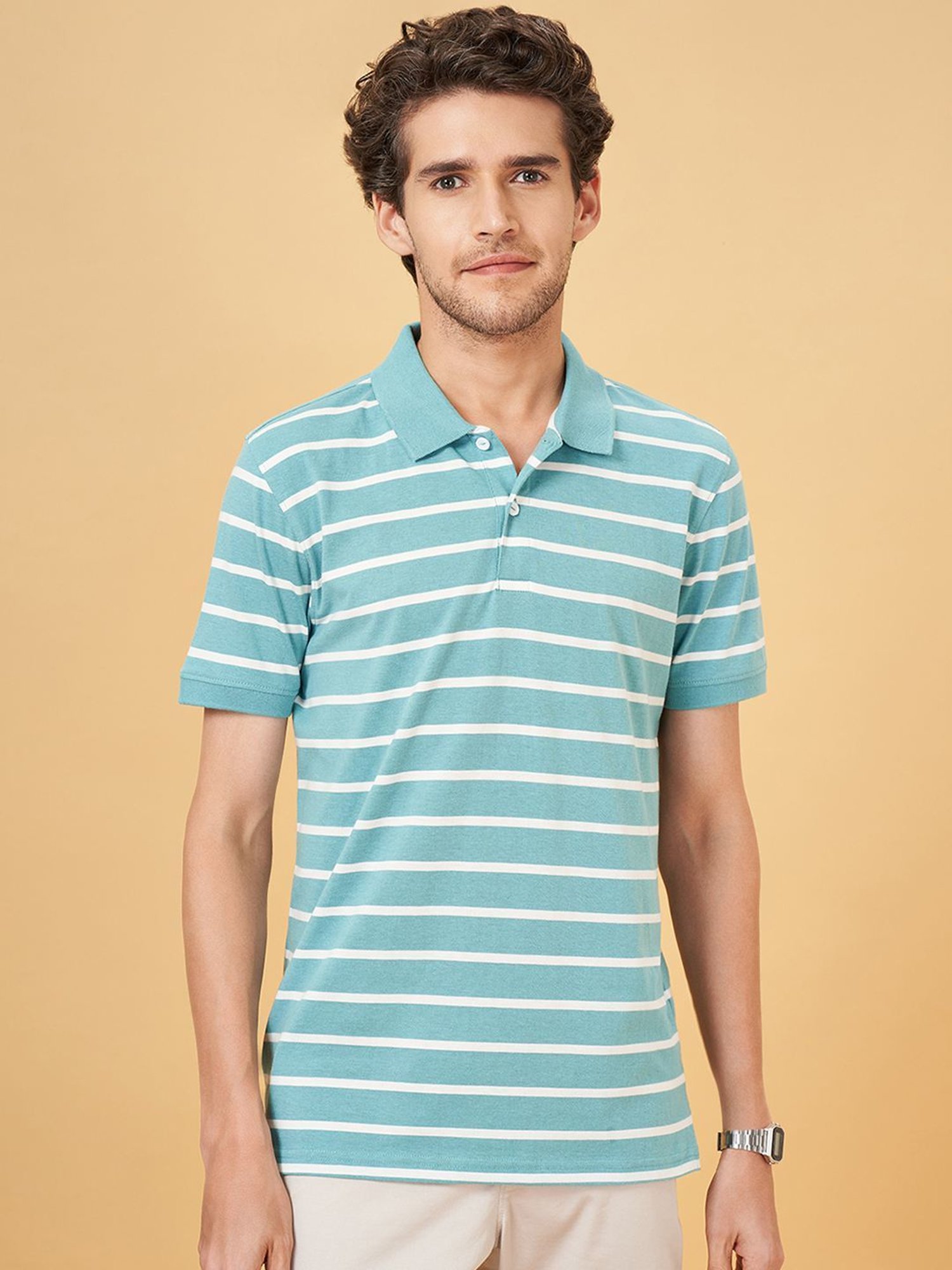 Byford By Pantaloons Bel Air Blue Cotton Slim Fit Striped Polo T-Shirt