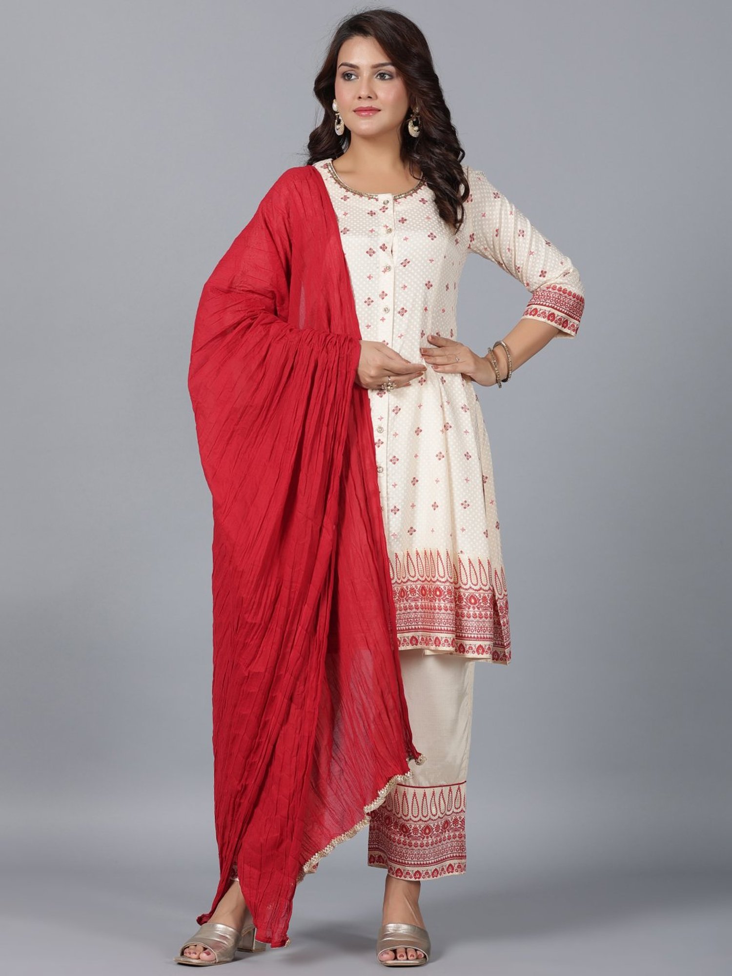 Juniper Beige Ethnic Motif Print Viscose Shantoon Kurta,Pants & Dupatta Set With Beads & Sequins