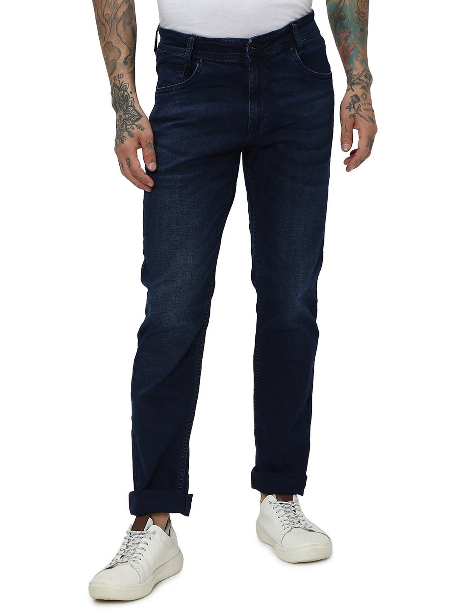 Mufti Dark Blue Straight Fit Lightly Washed Jeans