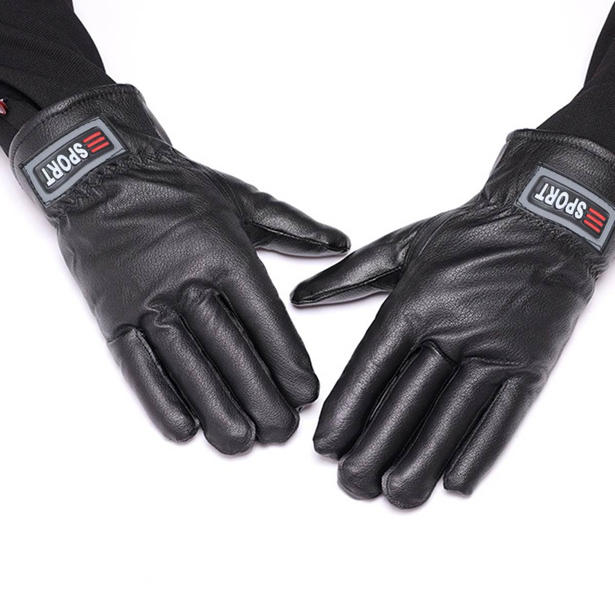 A Pair of Men Winter Gloves Thicken PU Leather Running Gloves Outdoor Sports Keep Warm Equipment (Average Size, Black)