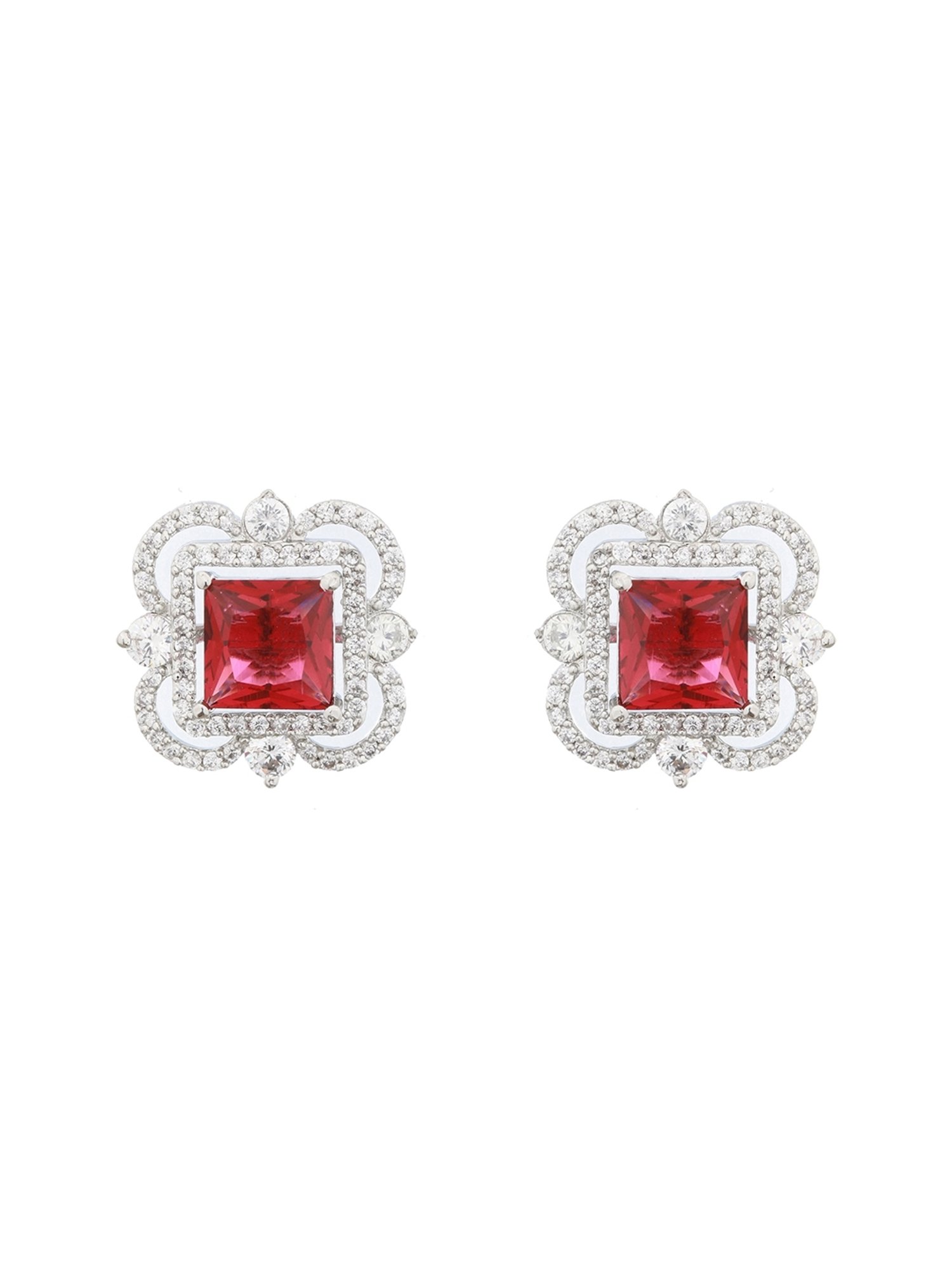 Saraf RS Jewellery Silver Red AD Studded Minimal Studs Earrings
